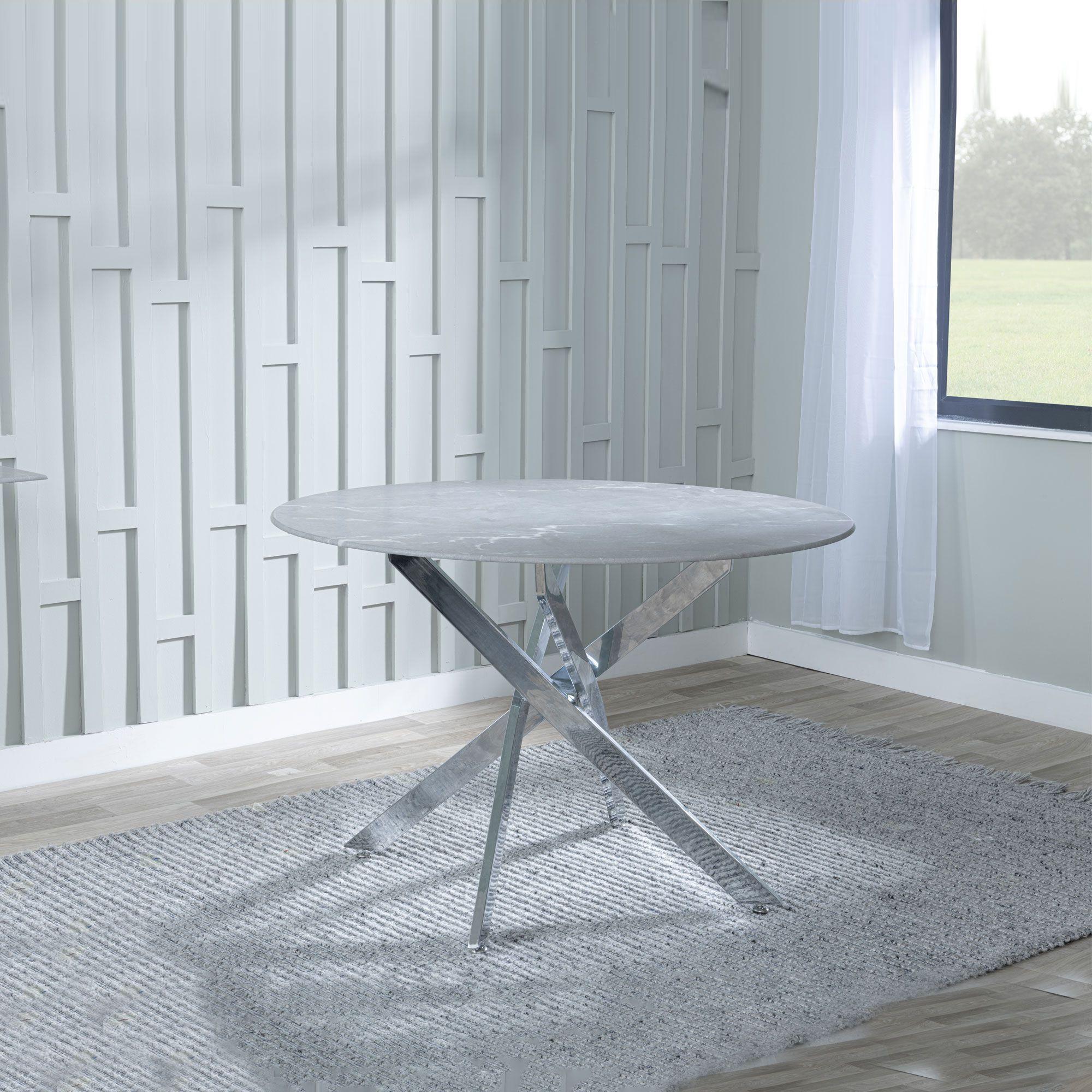 Product photograph of Chopstick Grey Glass And Chrome Metal 4 Seater Round Dining Set - 4 Bianco Grey Faux Leather Dining Chair from Choice Furniture Superstore.