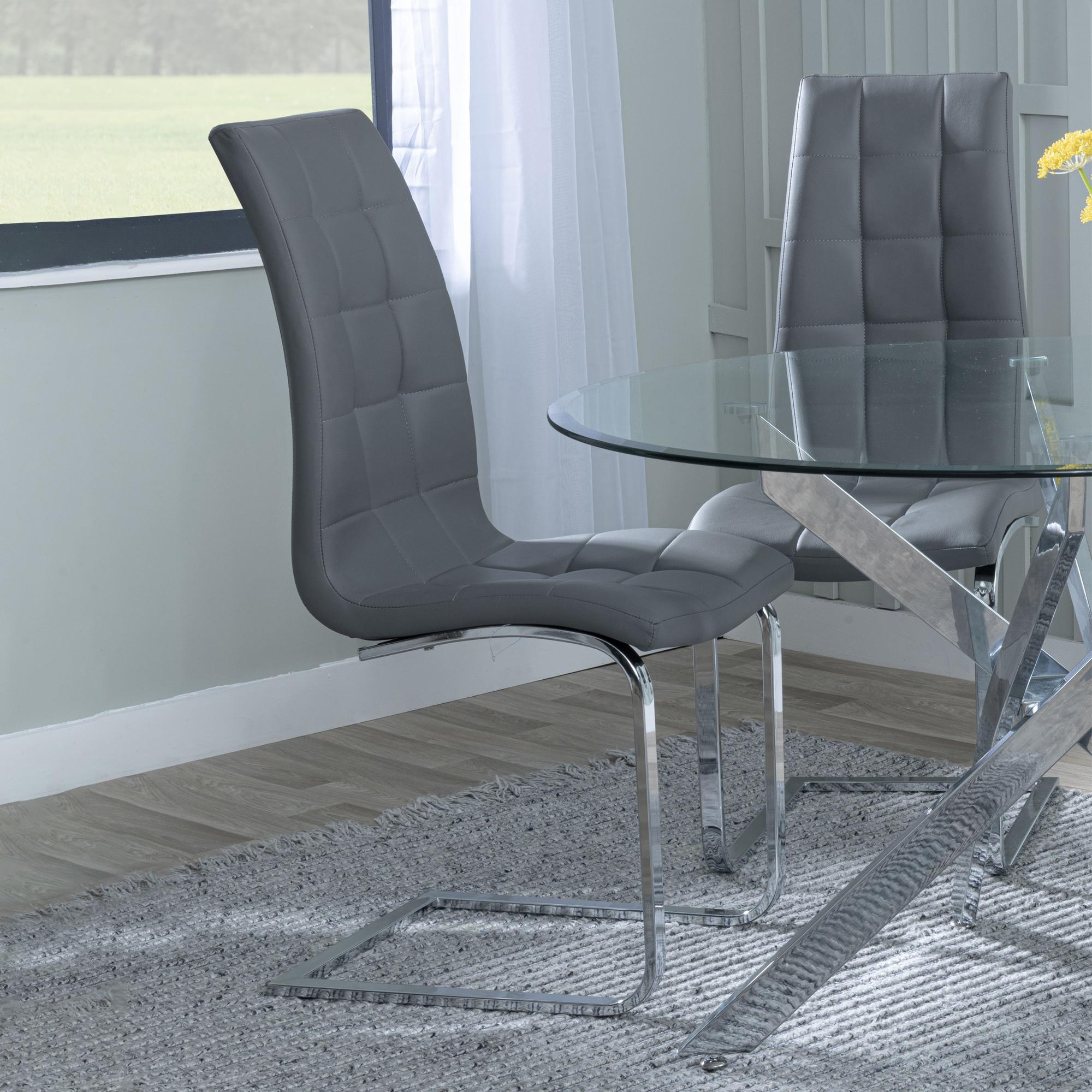 Product photograph of Chopstick Grey Glass And Chrome Metal 4 Seater Round Dining Set - 4 Jamison Grey Faux Leather Dining Chair from Choice Furniture Superstore.