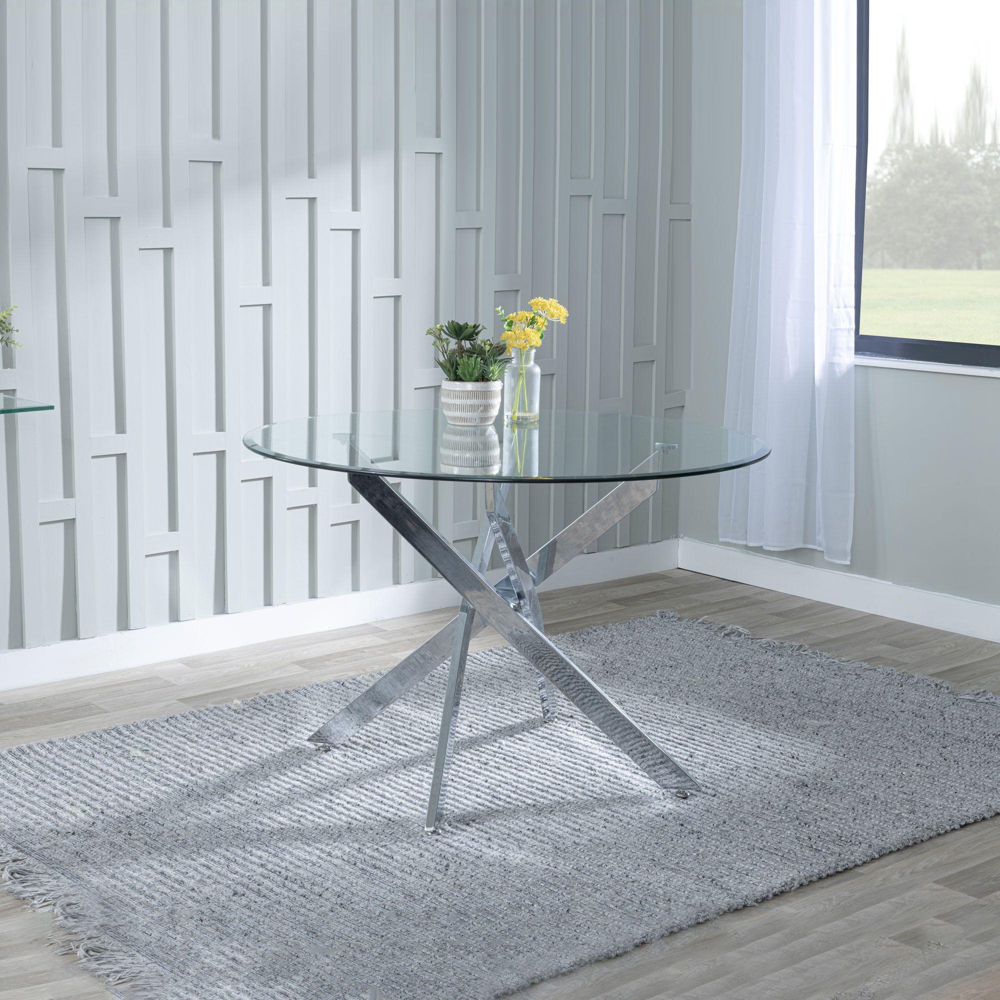 Product photograph of Chopstick Clear Glass And Chrome Metal 4 Seater Round Dining Set - 4 Roma Grey Faux Leather Dining Chair from Choice Furniture Superstore.