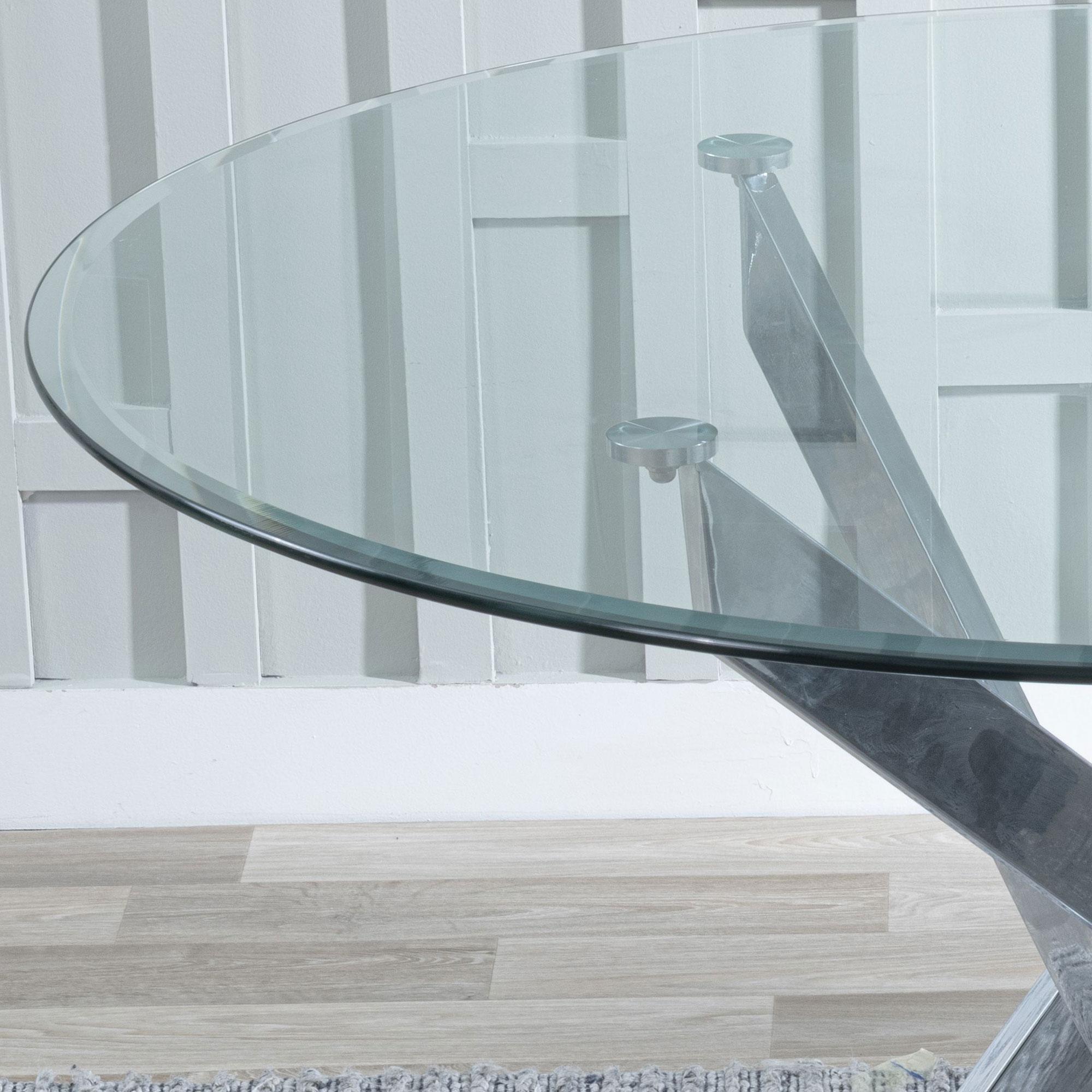 Product photograph of Chopstick Clear Glass And Chrome Metal 4 Seater Round Dining Set - 4 Roma Grey Faux Leather Dining Chair from Choice Furniture Superstore.