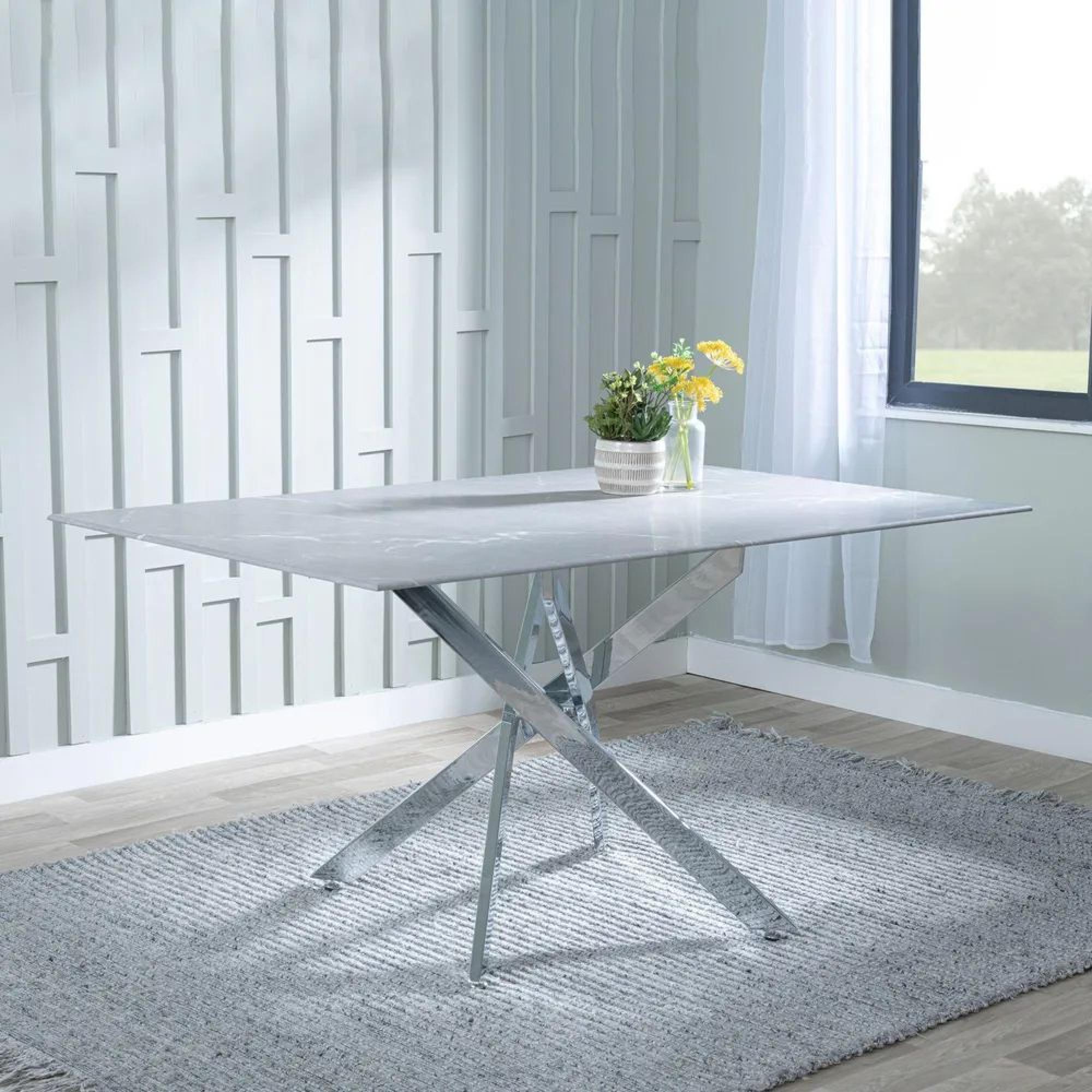 Product photograph of Chopstick Grey Glass And Chrome Metal Dining Set - Metro White Leather Chairs With Chrome Legs from Choice Furniture Superstore.