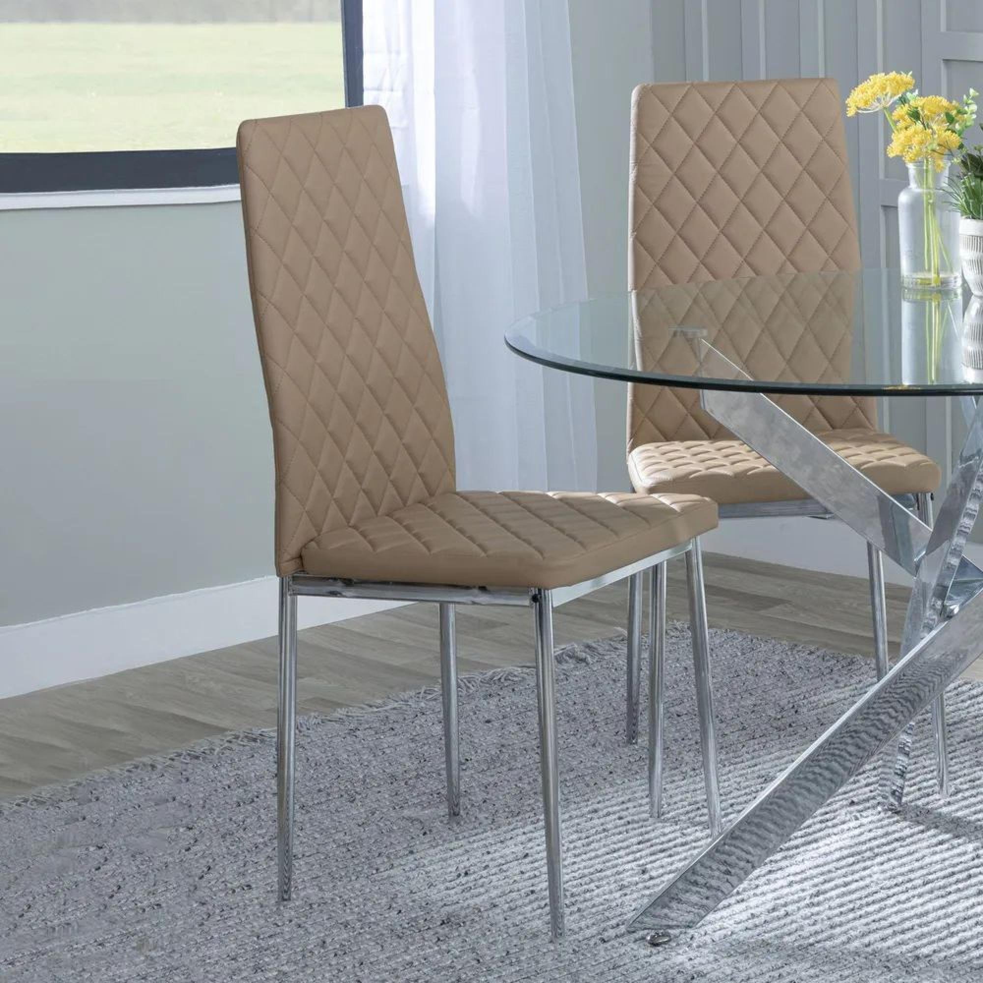 Product photograph of Chopstick Clear Glass And Chrome Metal Dining Set - Metro Cappuccino Leather Chairs With Chrome Legs from Choice Furniture Superstore.