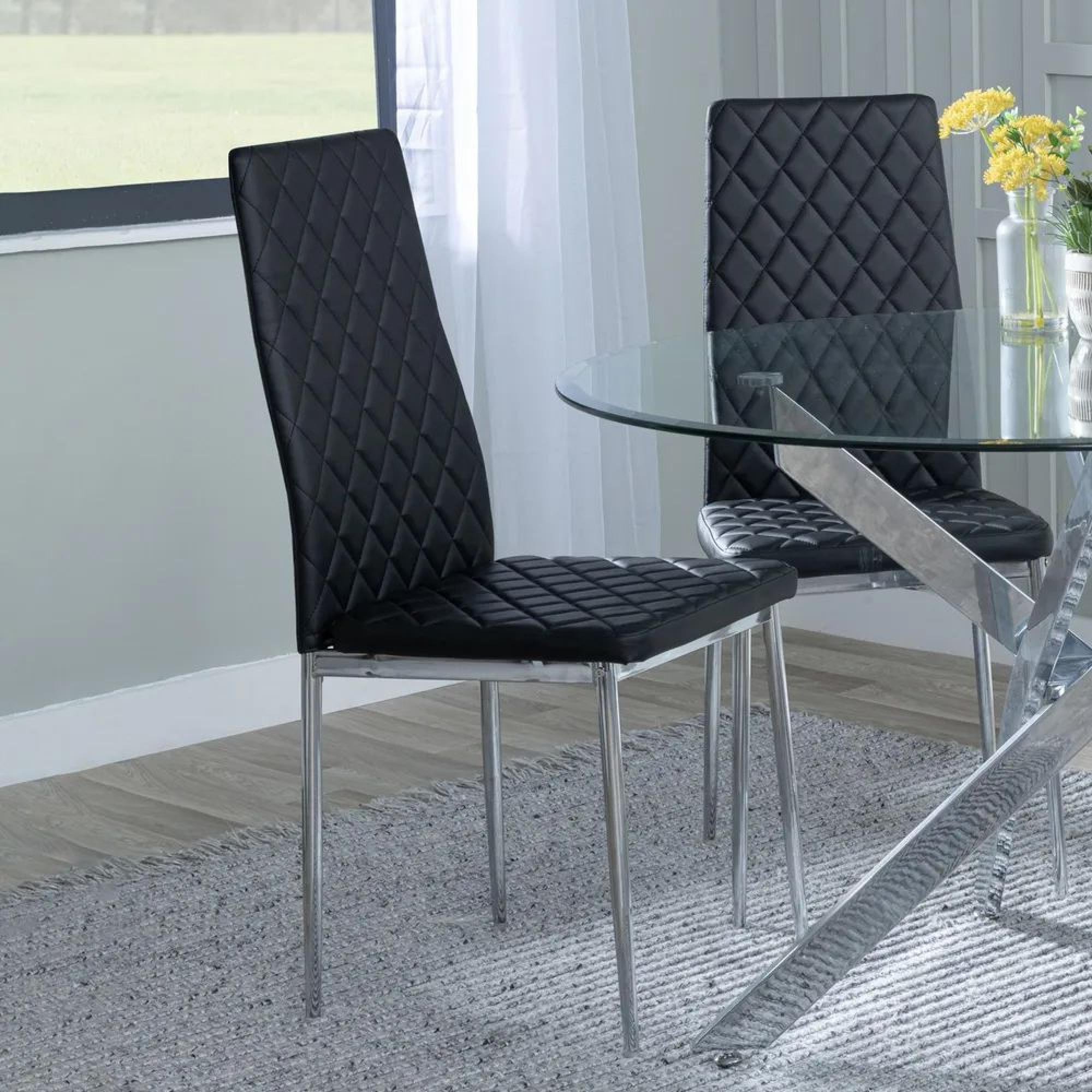 Product photograph of Chopstick Clear Glass And Chrome Metal Dining Set - Metro Black Leather Chairs With Chrome Legs - Get 2 Chairs Free from Choice Furniture Superstore.