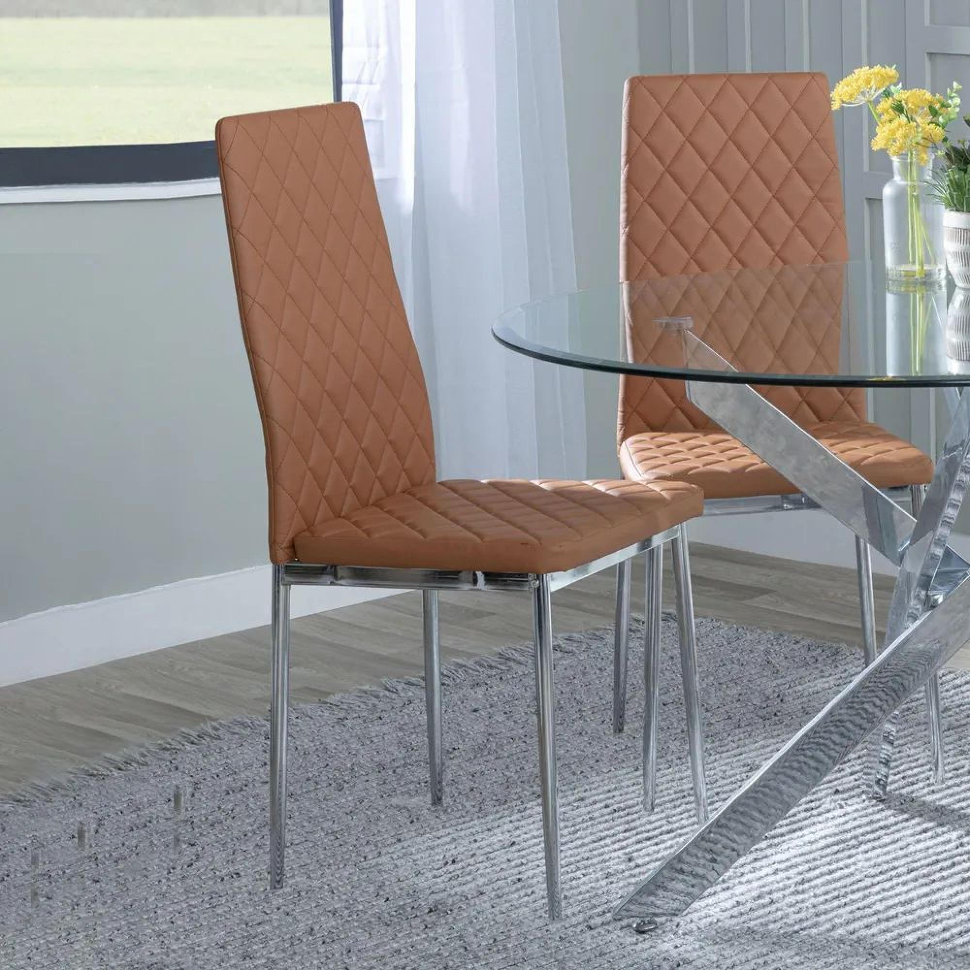 Product photograph of Chopstick Clear Glass And Chrome Metal Dining Set - Metro Burnt Orange Leather Chairs With Chrome Legs - Get 2 Chairs Free from Choice Furniture Superstore.