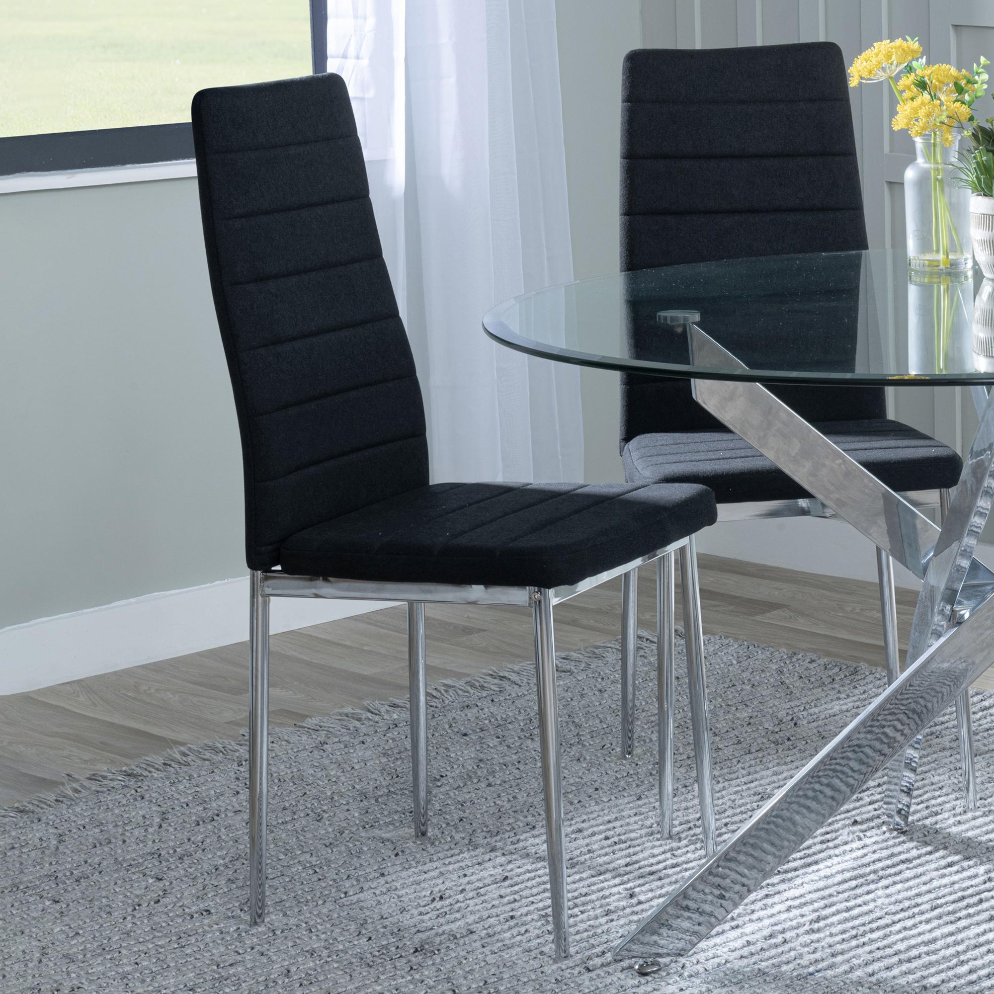 Product photograph of Chopstick Clear Glass And Chrome Metal Dining Set - Lido Black Fabric Chairs With Chrome Legs - Get 2 Chairs Free from Choice Furniture Superstore.