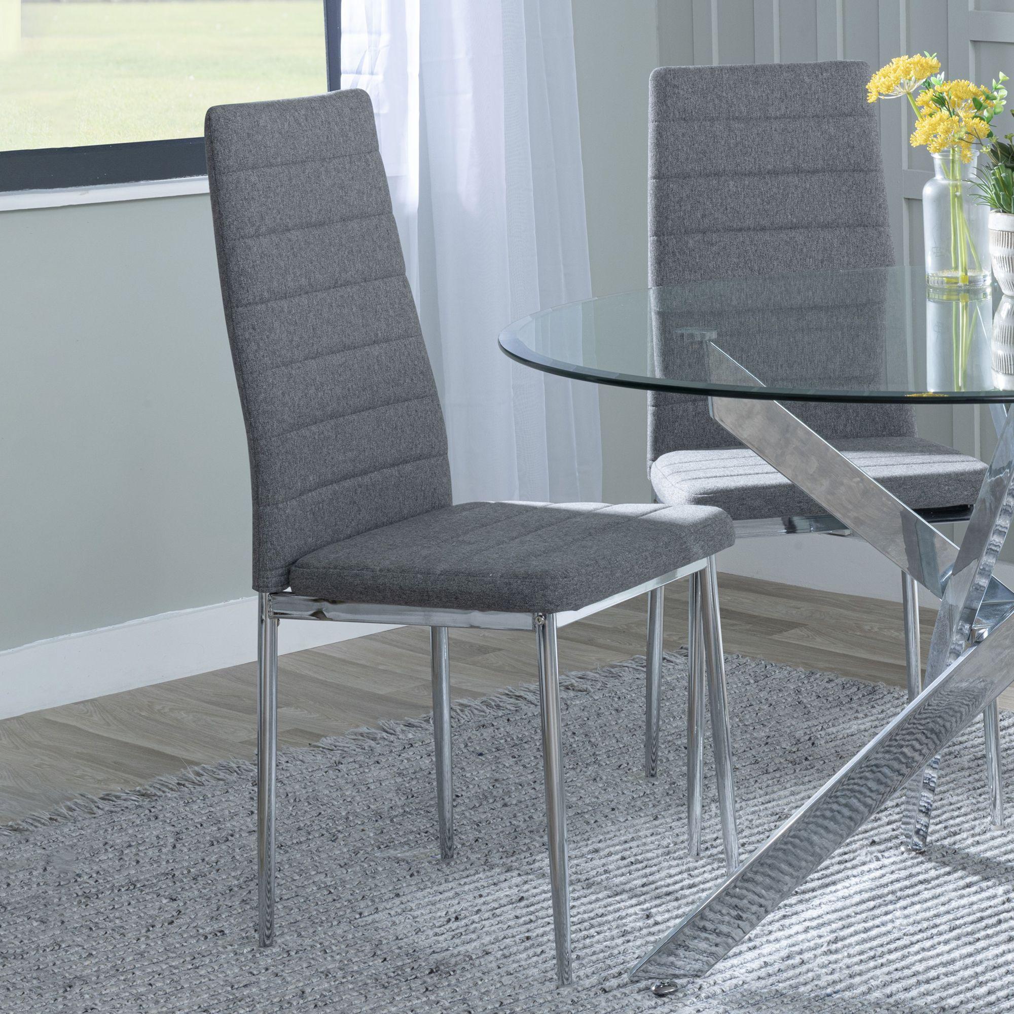Product photograph of Chopstick Clear Glass And Chrome Metal Dining Set - Lido Dark Grey Fabric Chairs With Chrome Legs - Get 2 Chairs Free from Choice Furniture Superstore.