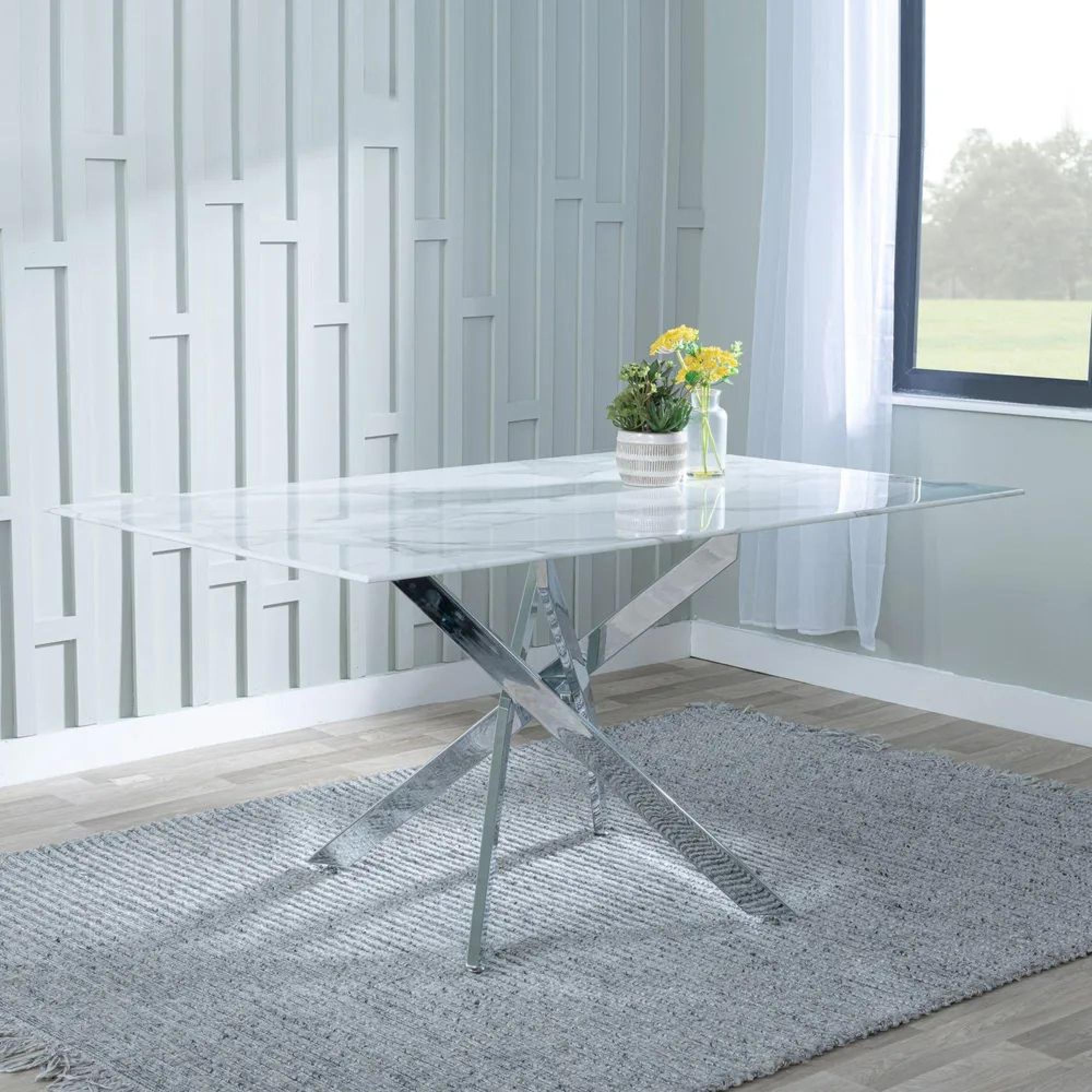 Product photograph of Chopstick White Glass And Chrome Metal Dining Set - Roma Grey Faux Leather Dining Chair from Choice Furniture Superstore.