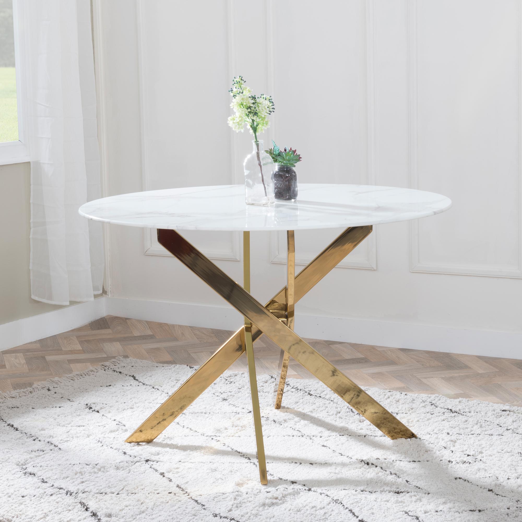 Product photograph of Chopstick White Glass And Gold Metal 4 Seater Round Dining Set - 2 Metro Grey Leather Chairs With Gold Legs - Get 2 Chairs Free from Choice Furniture Superstore.