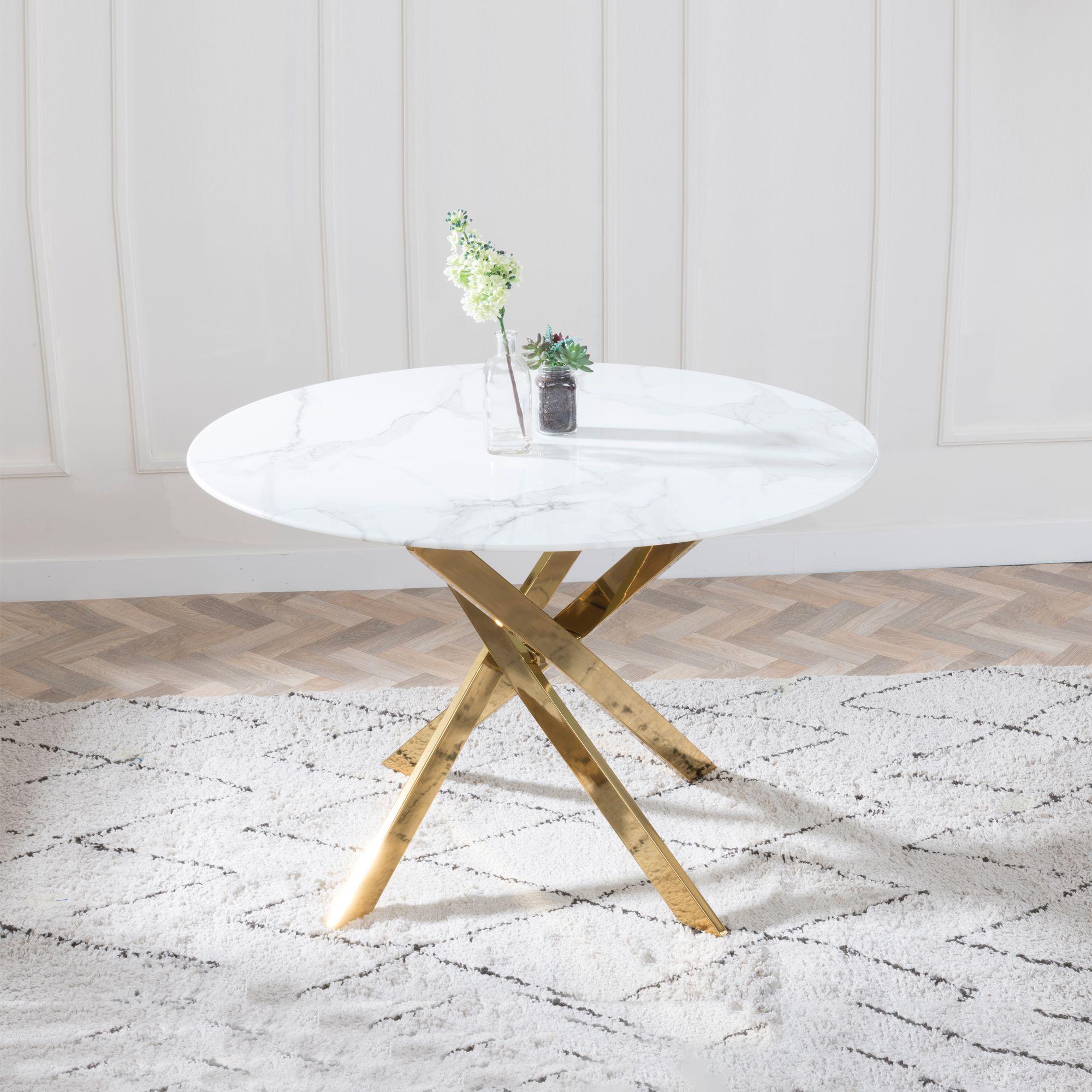 Product photograph of Chopstick White Glass And Gold Metal 4 Seater Round Dining Set - 2 Metro Grey Leather Chairs With Gold Legs - Get 2 Chairs Free from Choice Furniture Superstore.