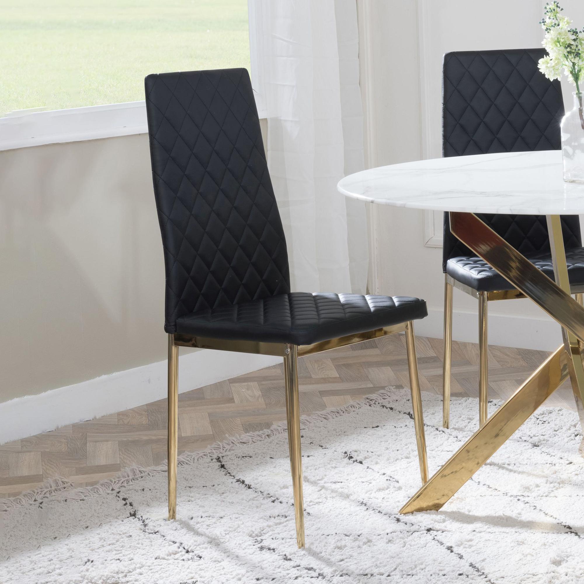 Product photograph of Chopstick Clear Glass And Gold Metal 4 Seater Round Dining Set - 2 Metro Black Leather Chairs With Gold Legs - Get 2 Chairs Free from Choice Furniture Superstore.