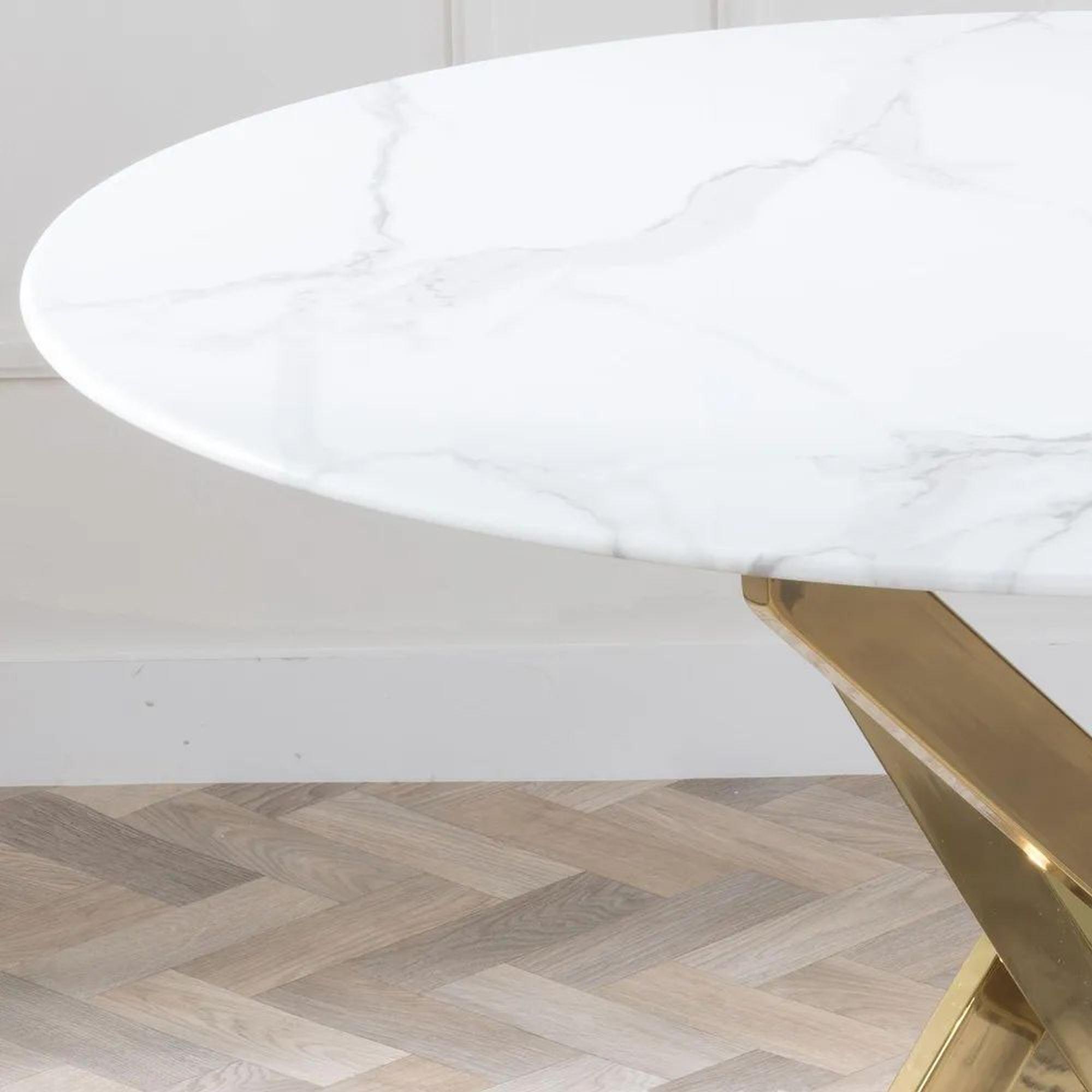 Product photograph of Chopstick White Glass And Gold Metal 4 Seater Round Dining Set - 2 Lido Sand Fabric Chairs With Gold Legs - Get 2 Chairs Free from Choice Furniture Superstore.