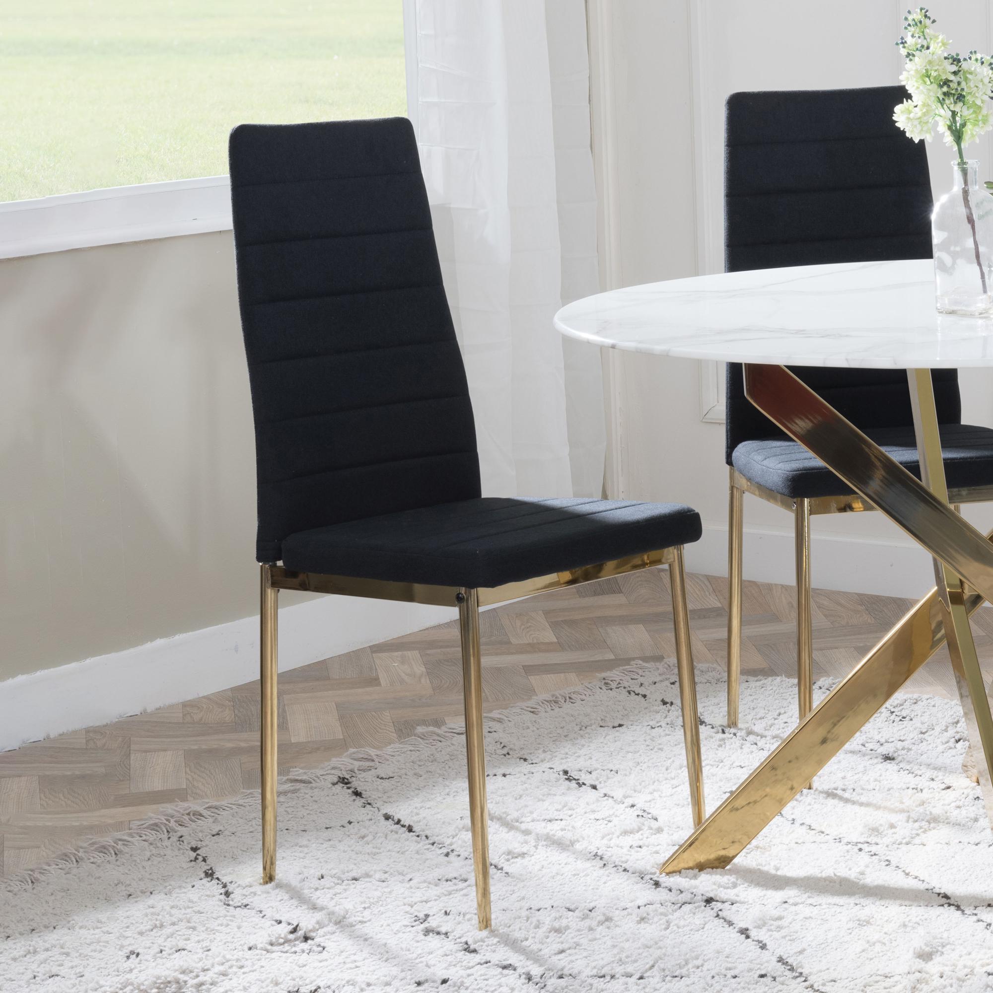 Product photograph of Chopstick Clear Glass And Gold Metal 4 Seater Round Dining Set - 2 Lido Black Fabric Chairs With Gold Legs - Get 2 Chairs Free from Choice Furniture Superstore.