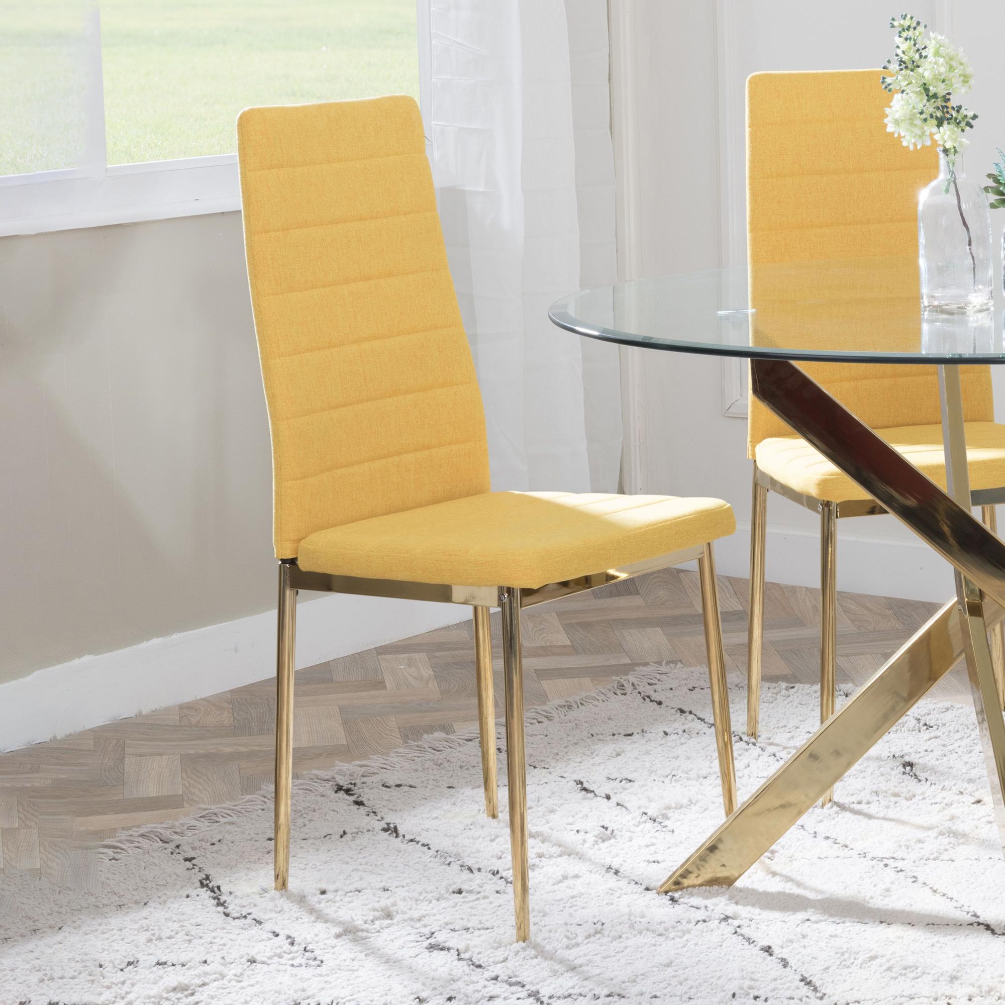 Product photograph of Chopstick Clear Glass And Gold Metal 4 Seater Round Dining Set - 2 Lido Yellow Fabric Chairs With Gold Legs - Get 2 Chairs Free from Choice Furniture Superstore.