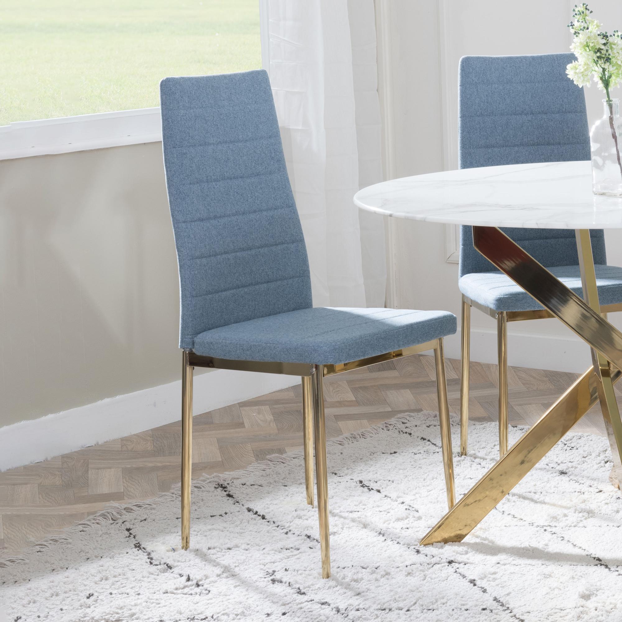 Product photograph of Chopstick Clear Glass And Gold Metal 4 Seater Round Dining Set - 2 Lido Blue Fabric Chairs With Gold Legs - Get 2 Chairs Free from Choice Furniture Superstore.