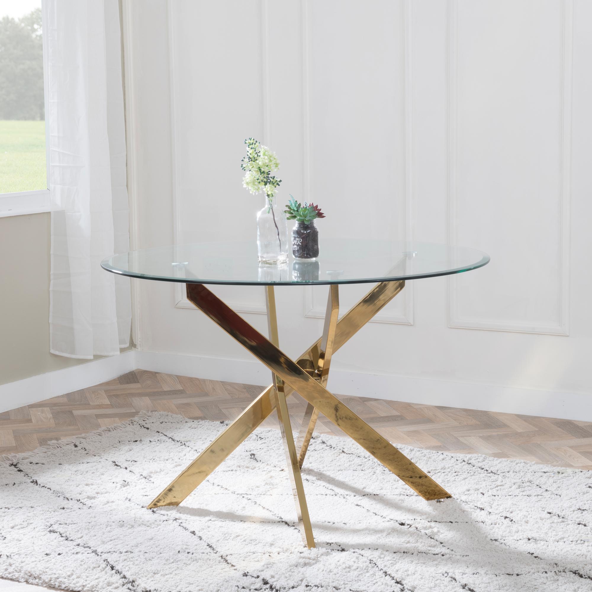 Product photograph of Chopstick Clear Glass And Gold Metal 4 Seater Round Dining Set - 2 Lido Dark Grey Fabric Chairs With Gold Legs - Get 2 Chairs Free from Choice Furniture Superstore.