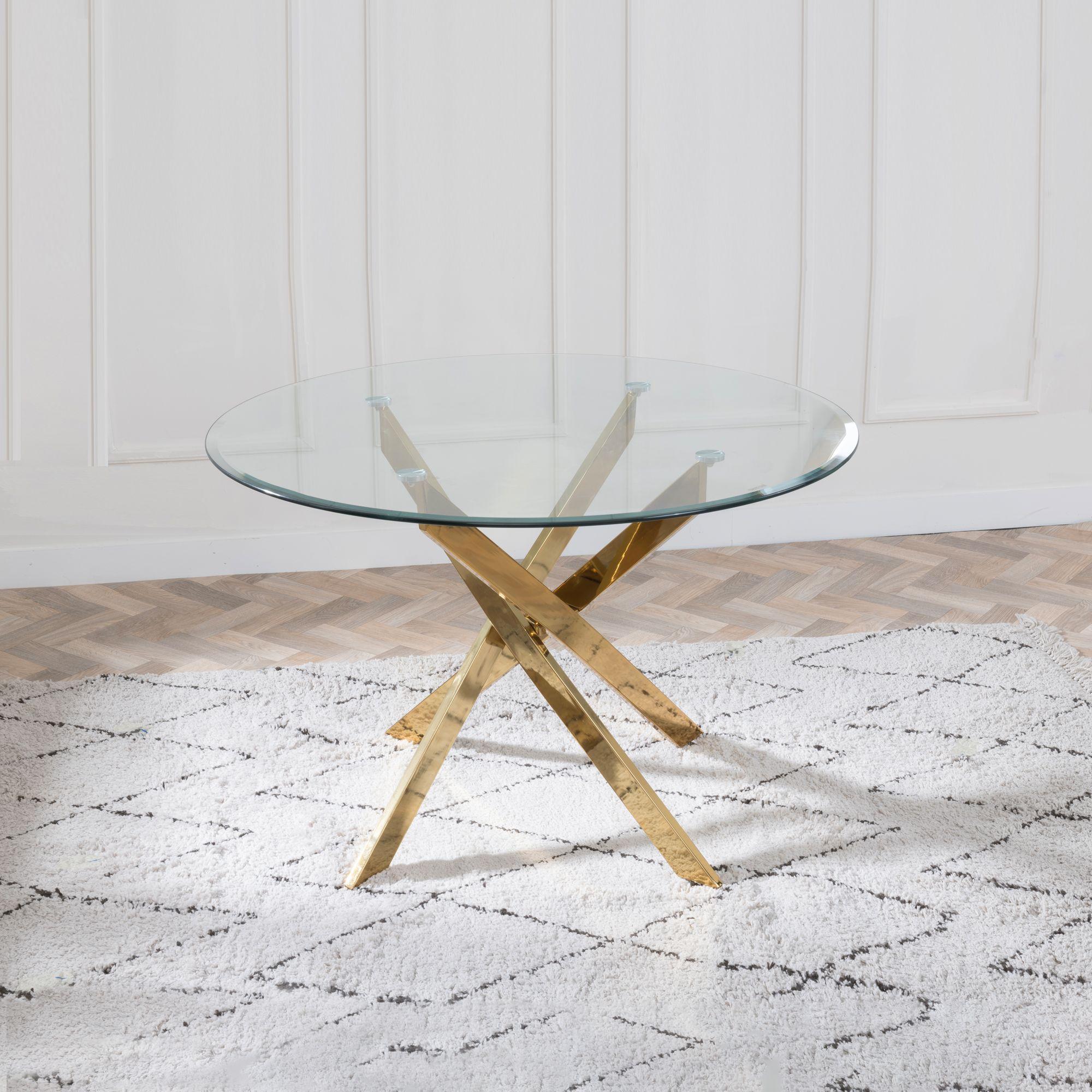 Product photograph of Chopstick Clear Glass And Gold Metal 4 Seater Round Dining Set - 2 Lido Dark Grey Fabric Chairs With Gold Legs - Get 2 Chairs Free from Choice Furniture Superstore.