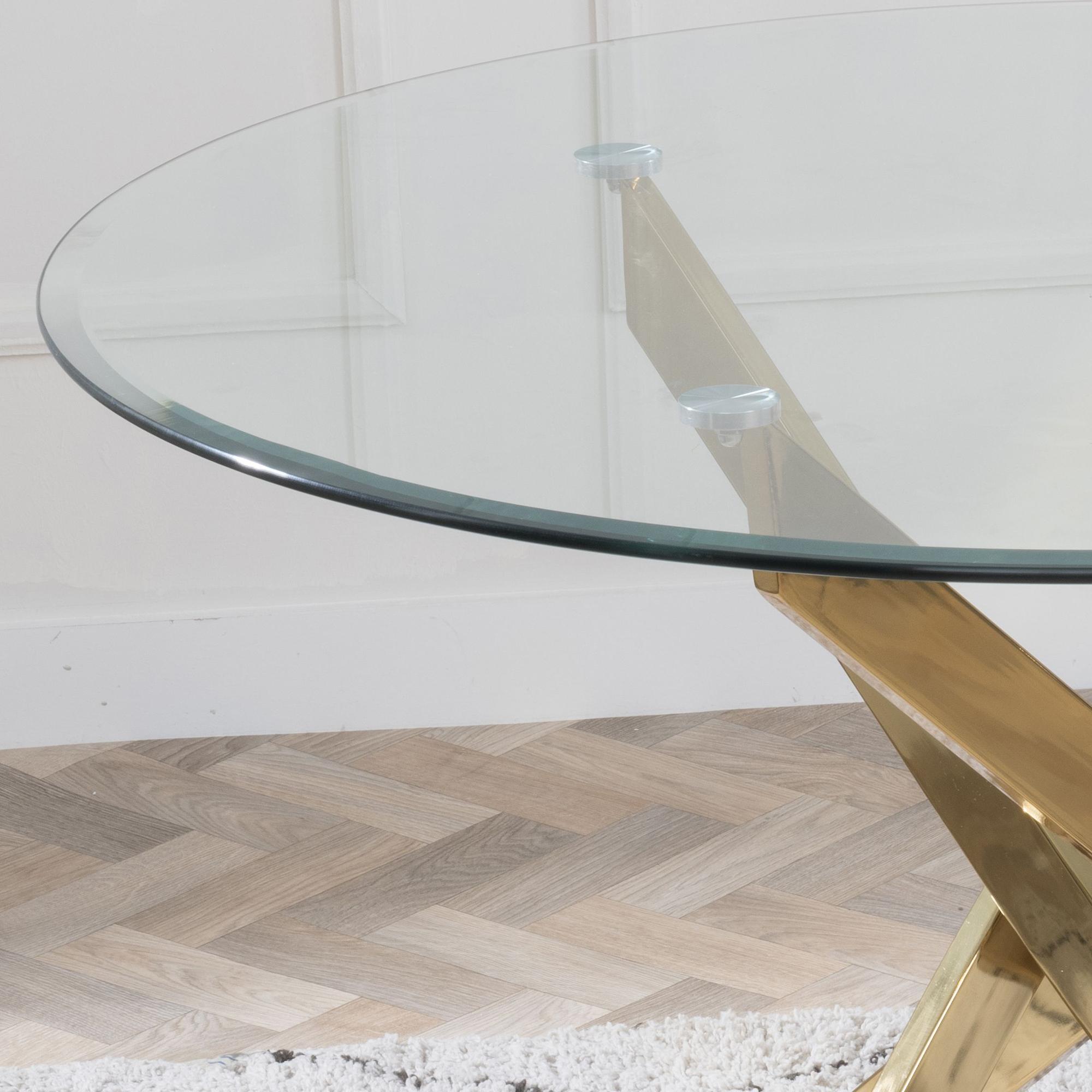 Product photograph of Chopstick Clear Glass And Gold Metal 4 Seater Round Dining Set - 2 Lido Dark Grey Fabric Chairs With Gold Legs - Get 2 Chairs Free from Choice Furniture Superstore.