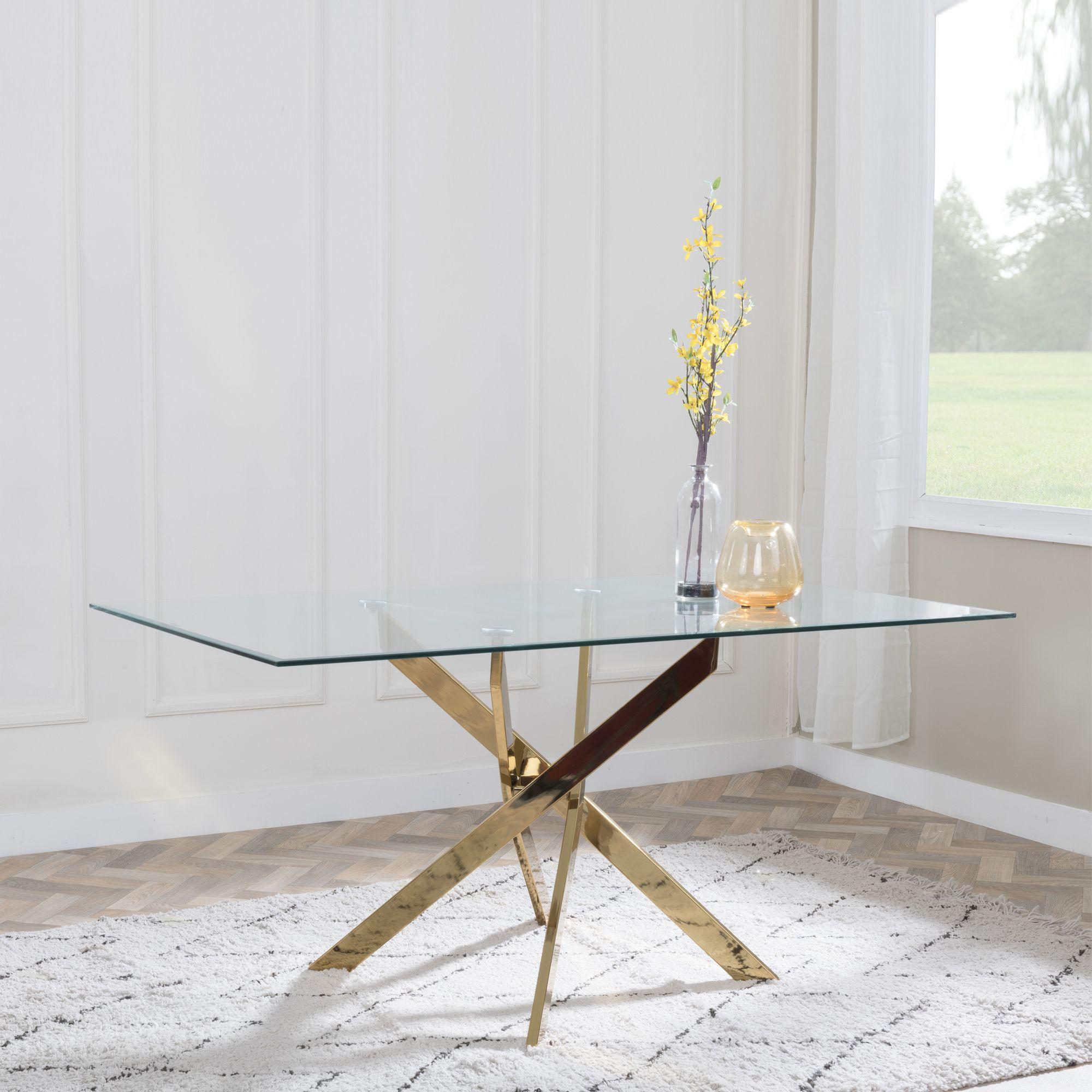 Product photograph of Chopstick Clear Glass And Gold Metal Dining Set - Metro Grey Leather Chairs With Gold Legs - Get 2 Chairs Free from Choice Furniture Superstore.