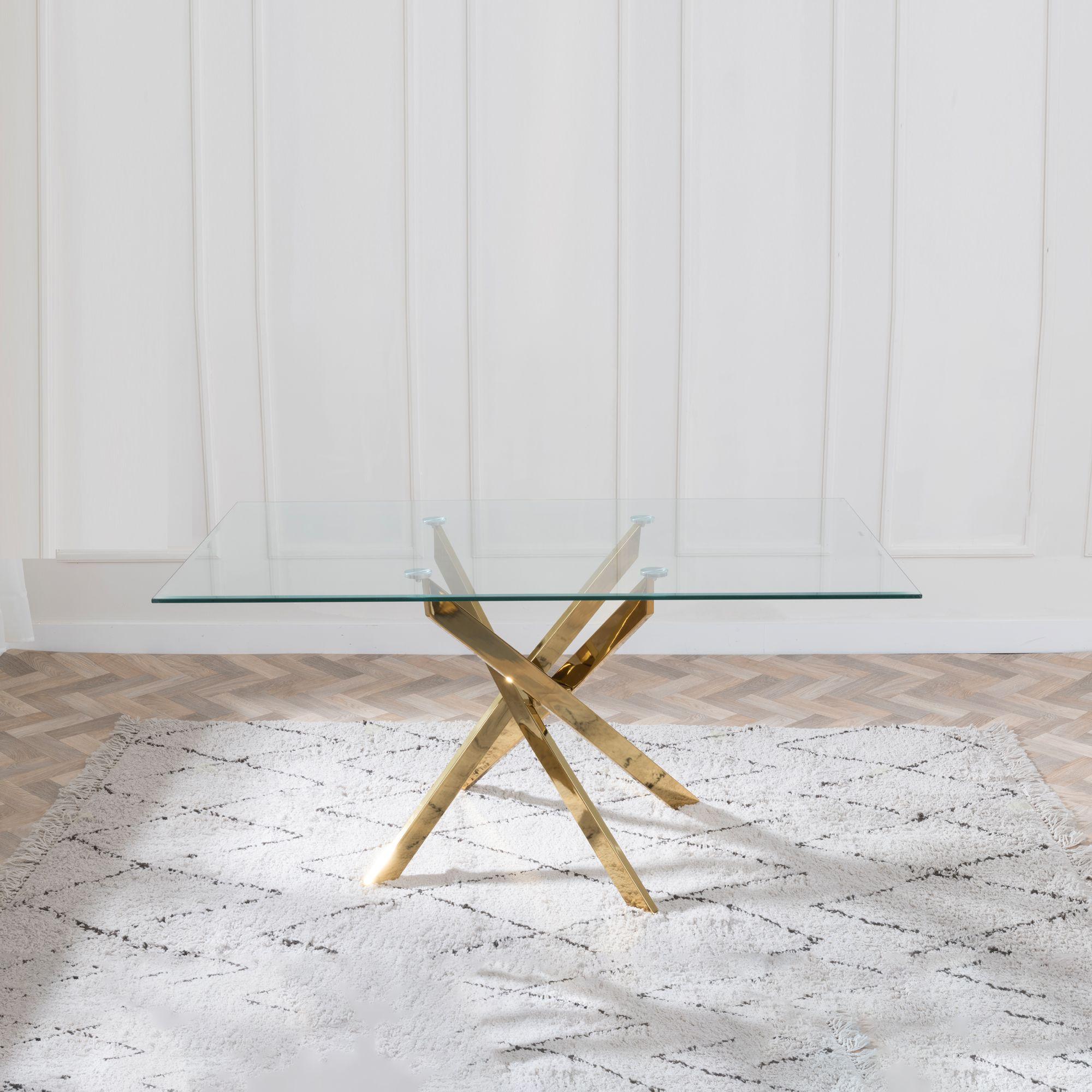 Product photograph of Chopstick Clear Glass And Gold Metal Dining Set - Metro Grey Leather Chairs With Gold Legs - Get 2 Chairs Free from Choice Furniture Superstore.
