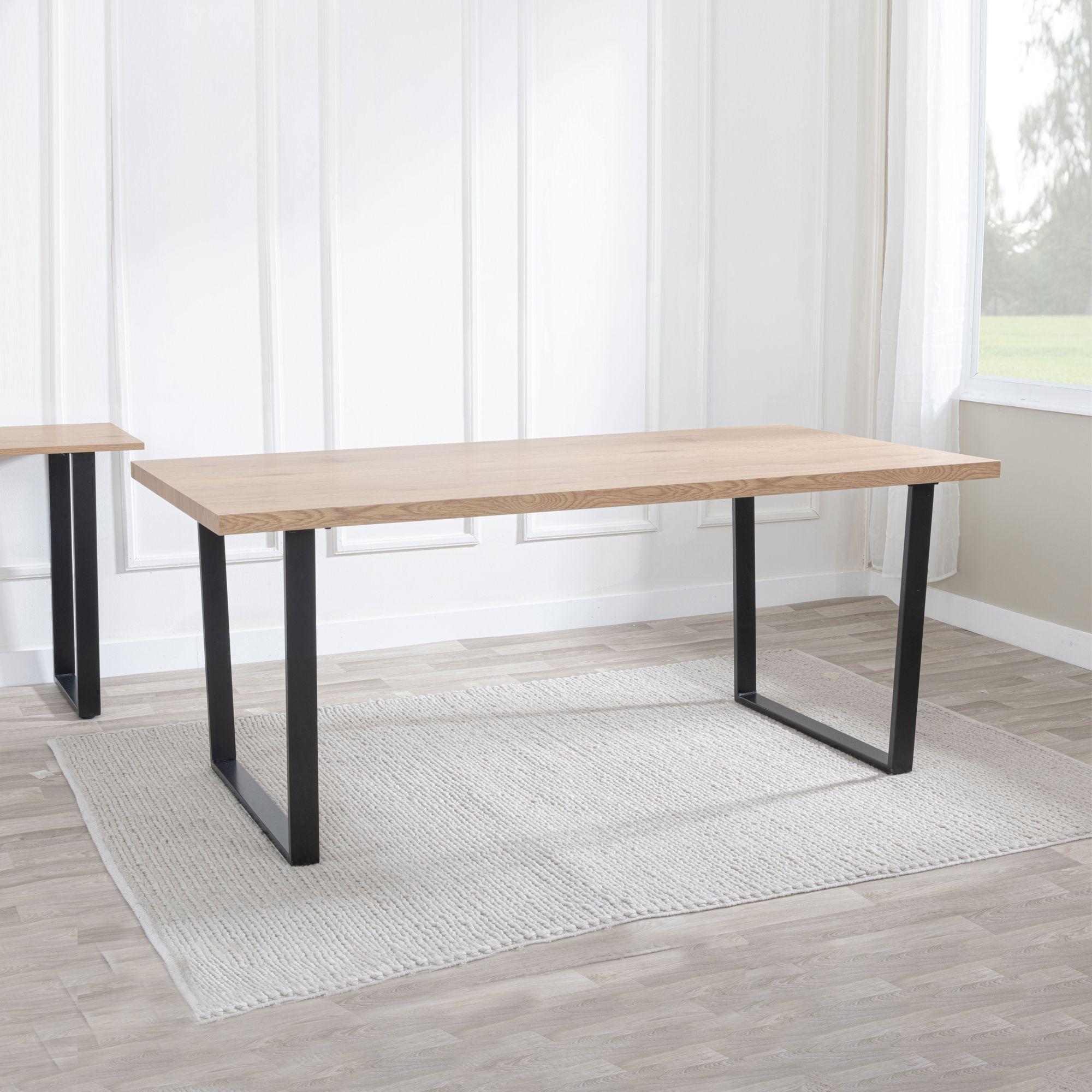 Product photograph of Texas Oak Effect Dining Set - Lido Sand Fabric Chairs With Black Legs from Choice Furniture Superstore.
