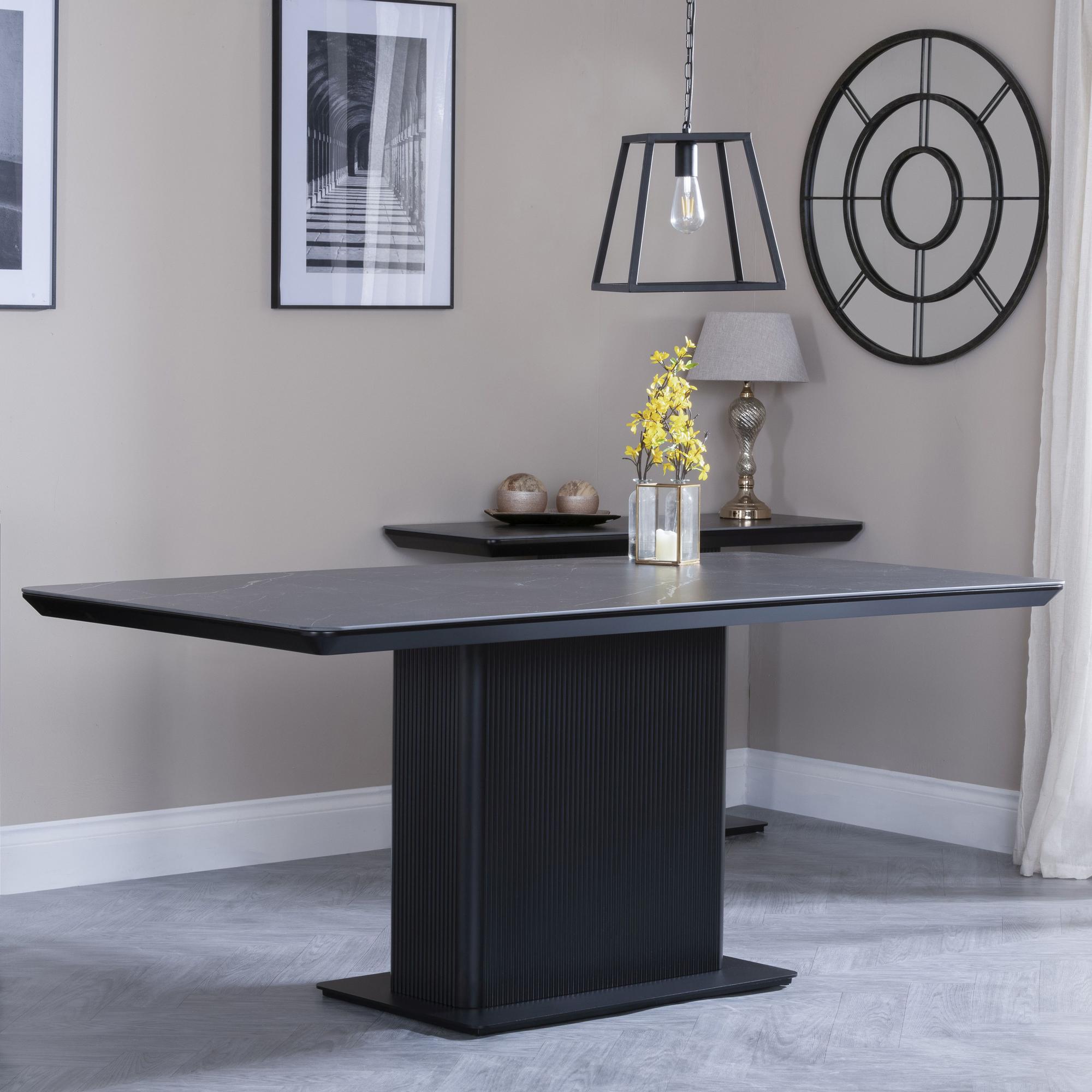 Product photograph of Morgan Black Ceramic Fluted Dining Set - Kiefer Grey Boucle Fabric Dining Chair from Choice Furniture Superstore.