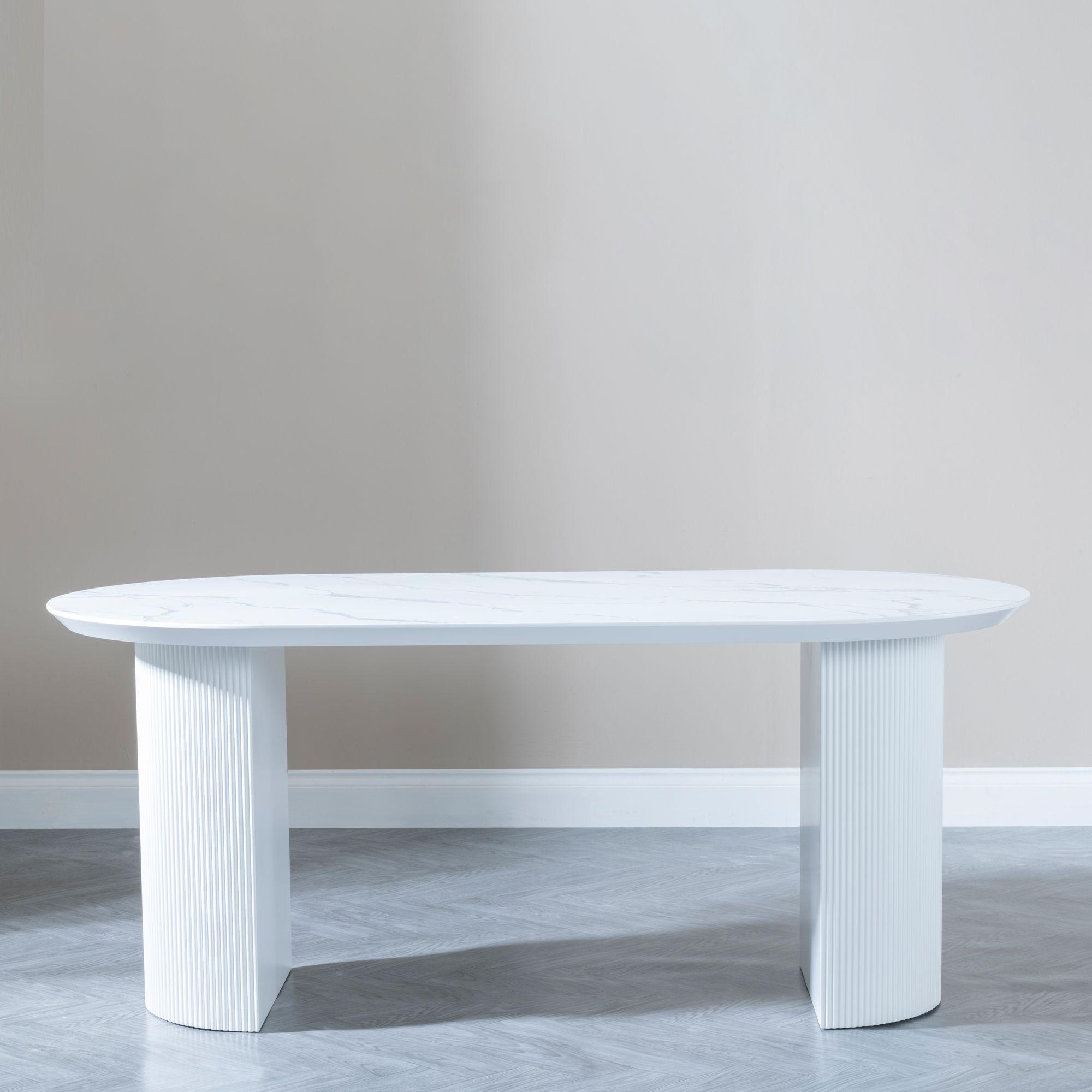 Product photograph of Luxor White Marble Effect Oval Dining Set - Darwin Yellow Fabric Dining Chair from Choice Furniture Superstore.