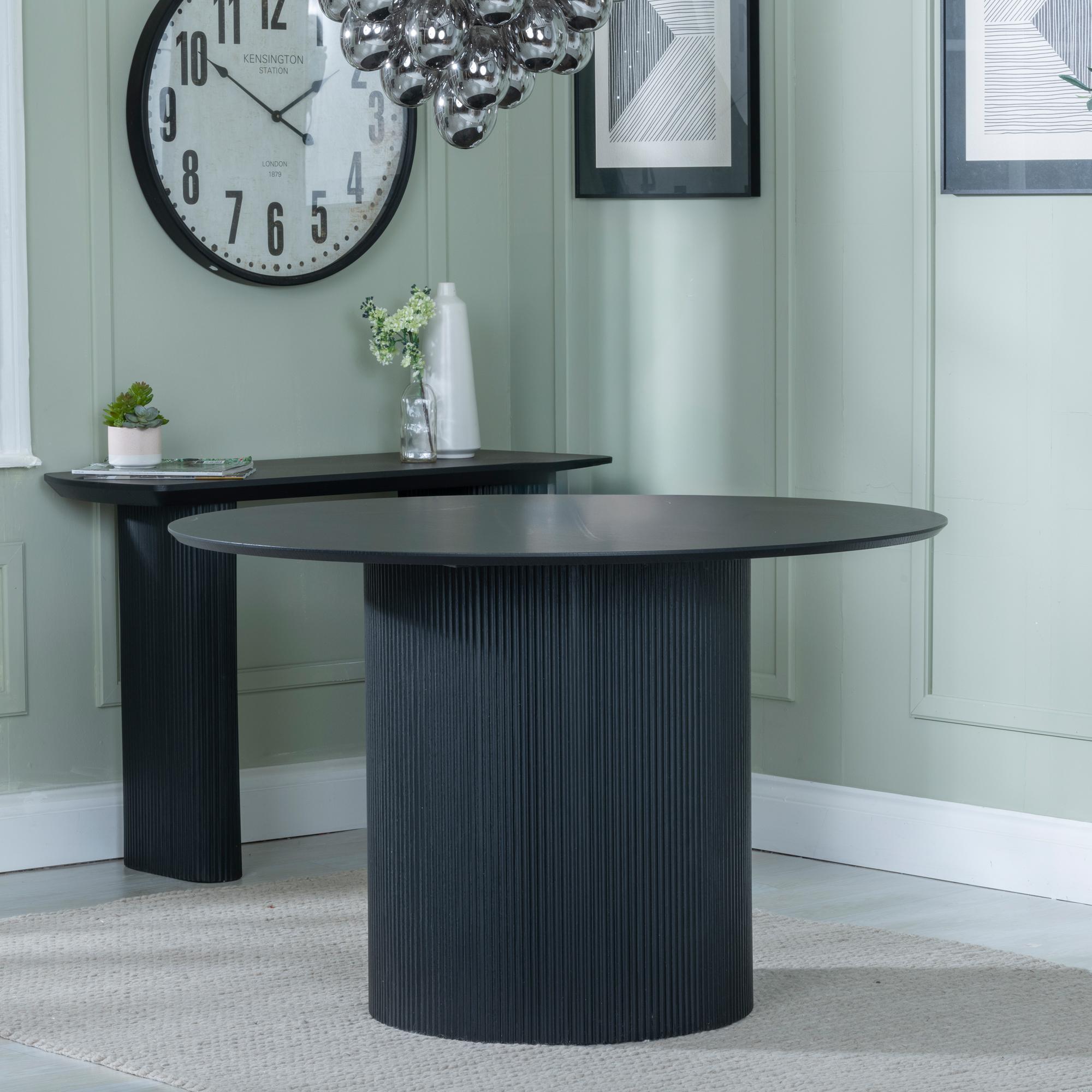 Product photograph of Bern Fluted Black 4 Seater Round Dining Set - 4 Kiefer Grey Boucle Fabric Dining Chair from Choice Furniture Superstore.