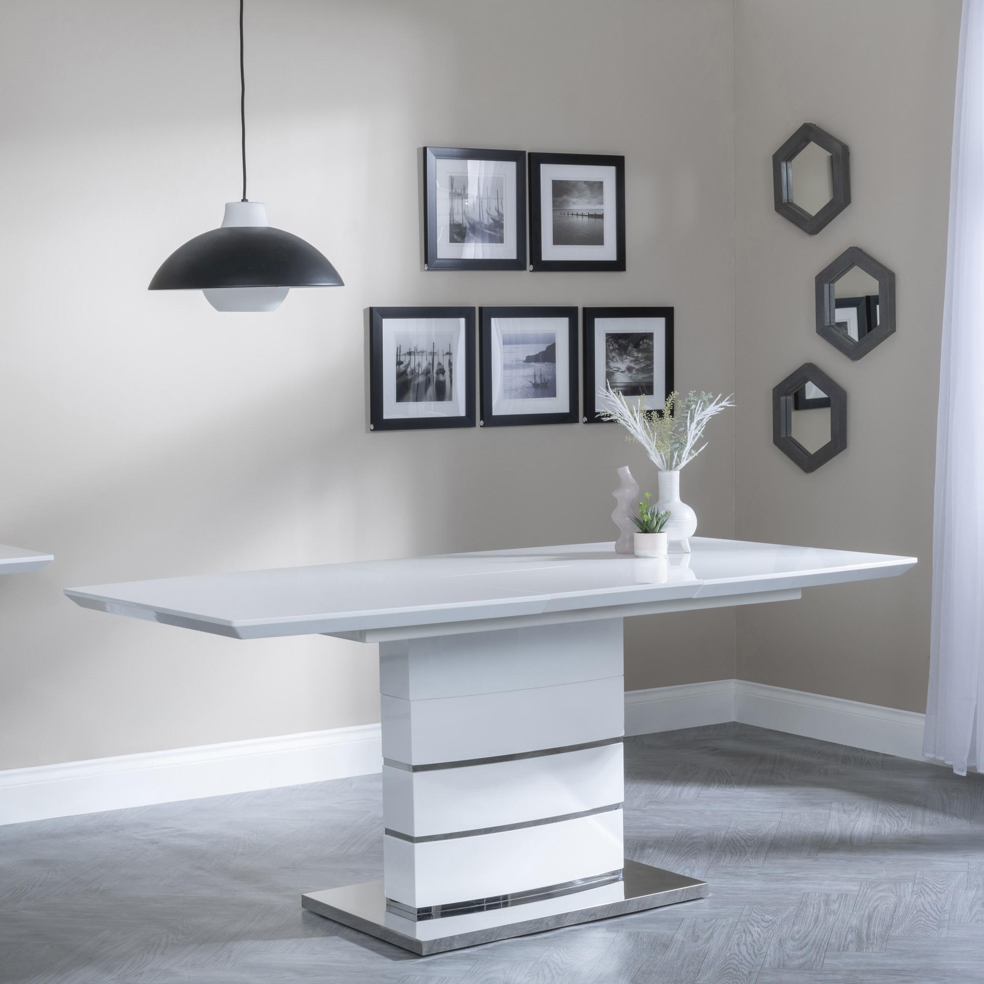 Product photograph of Rimini White Gloss Extending Dining Set - Jamison Beige Faux Leather Dining Chair from Choice Furniture Superstore.