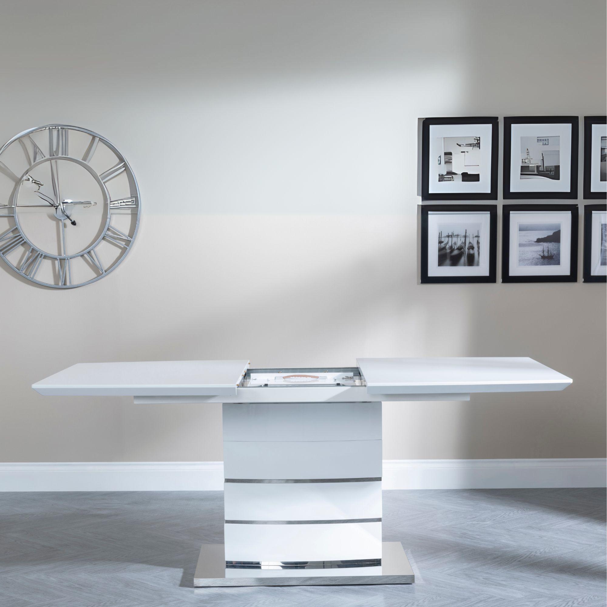 Product photograph of Rimini White Gloss Extending Dining Set - Bianco Beige Faux Leather Dining Chair from Choice Furniture Superstore.