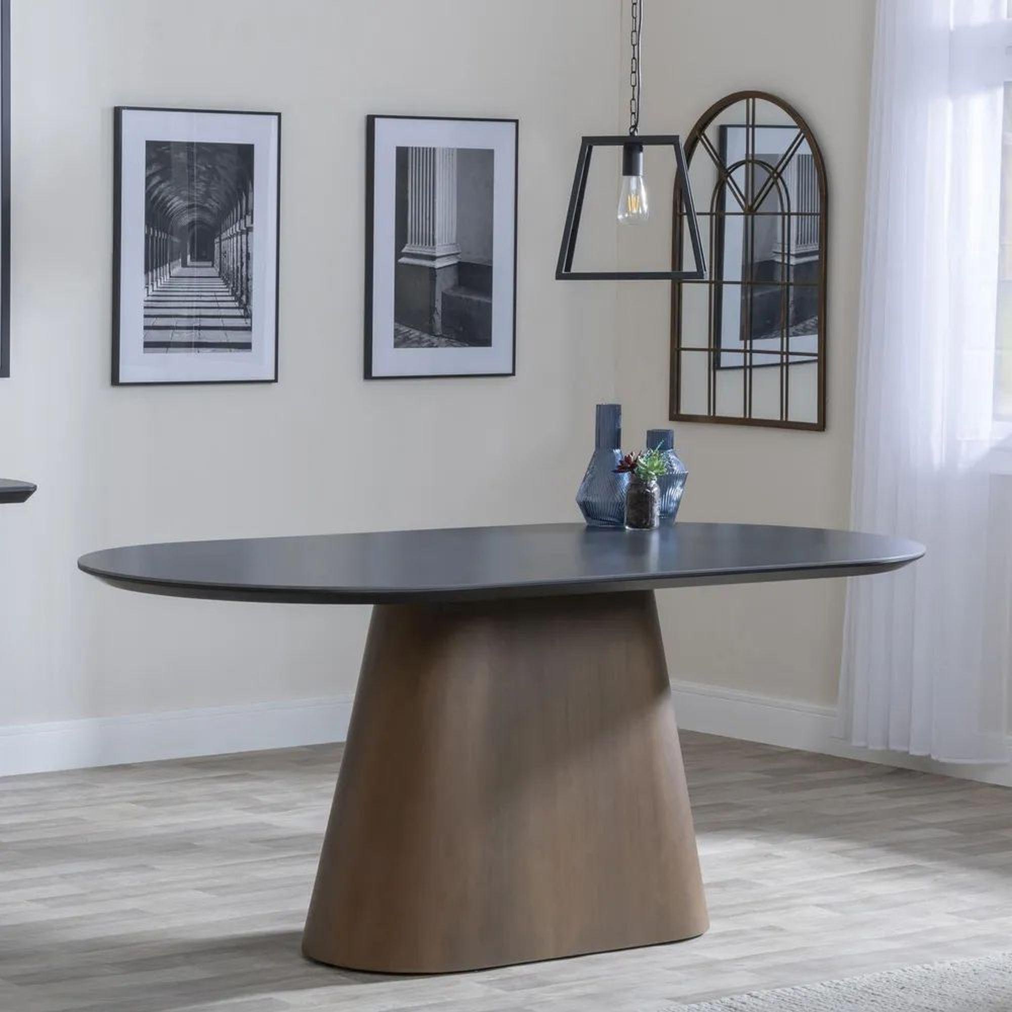 Product photograph of Danetti Dark Grey Ceramic Oval Dining Set With Bronze Pedestal Base - Ion Yellow Velvet Fabric Swivel Dining Chair - Get 2 Chairs Free from Choice Furniture Superstore.