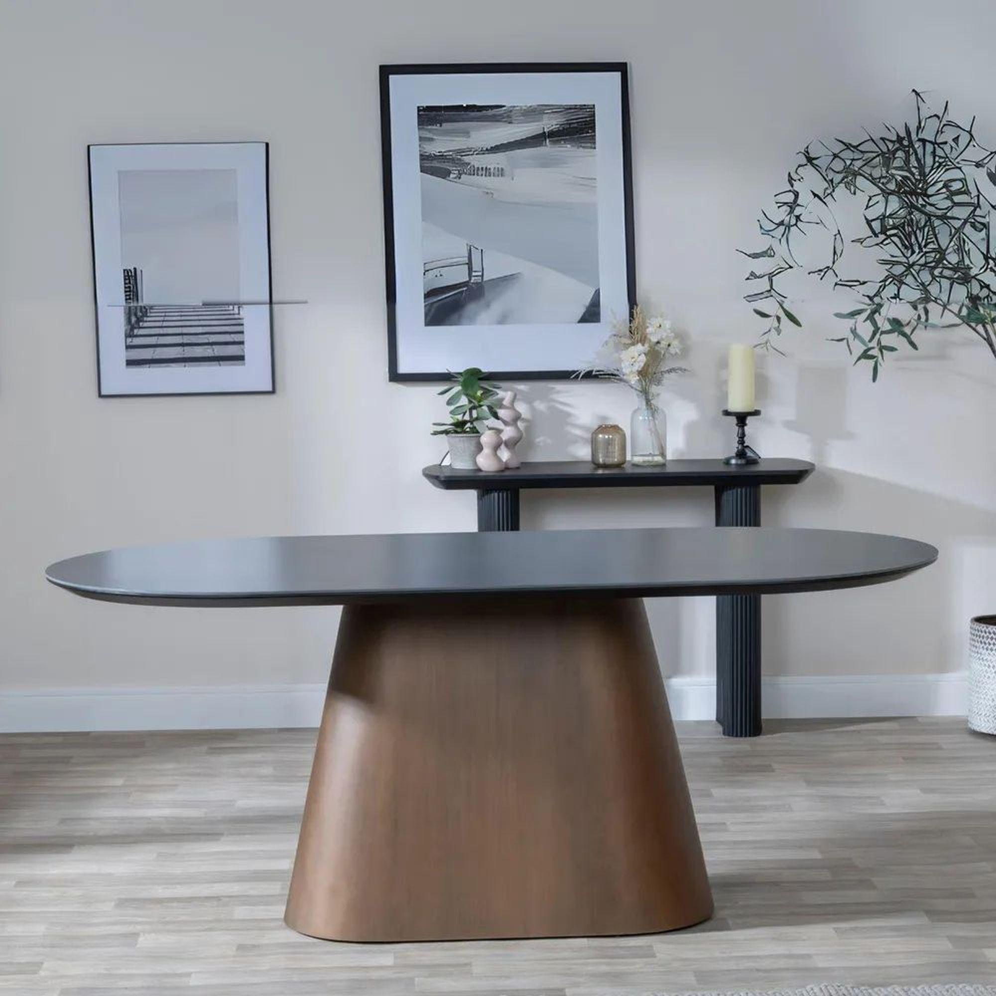 Product photograph of Danetti Dark Grey Ceramic Oval Dining Set With Bronze Pedestal Base - Ion Yellow Velvet Fabric Swivel Dining Chair - Get 2 Chairs Free from Choice Furniture Superstore.