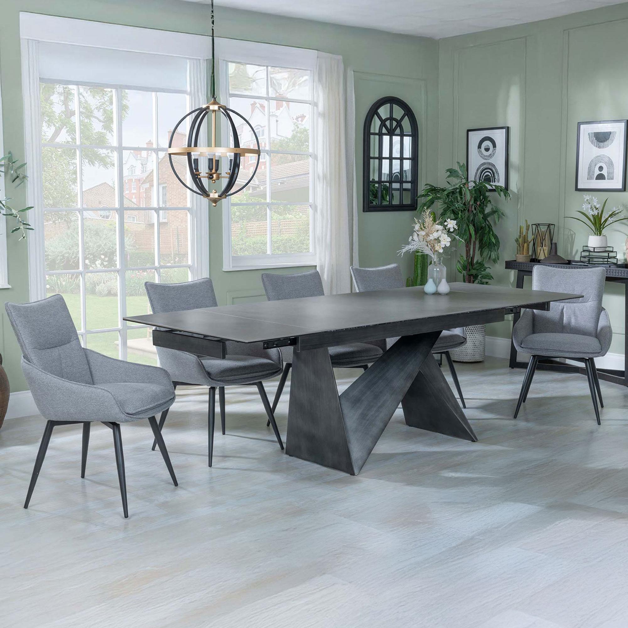 Product photograph of Garvin Dark Grey Ceramic Extending Dining Set - Ace Grey Fabric Swivel Dining Chair from Choice Furniture Superstore.