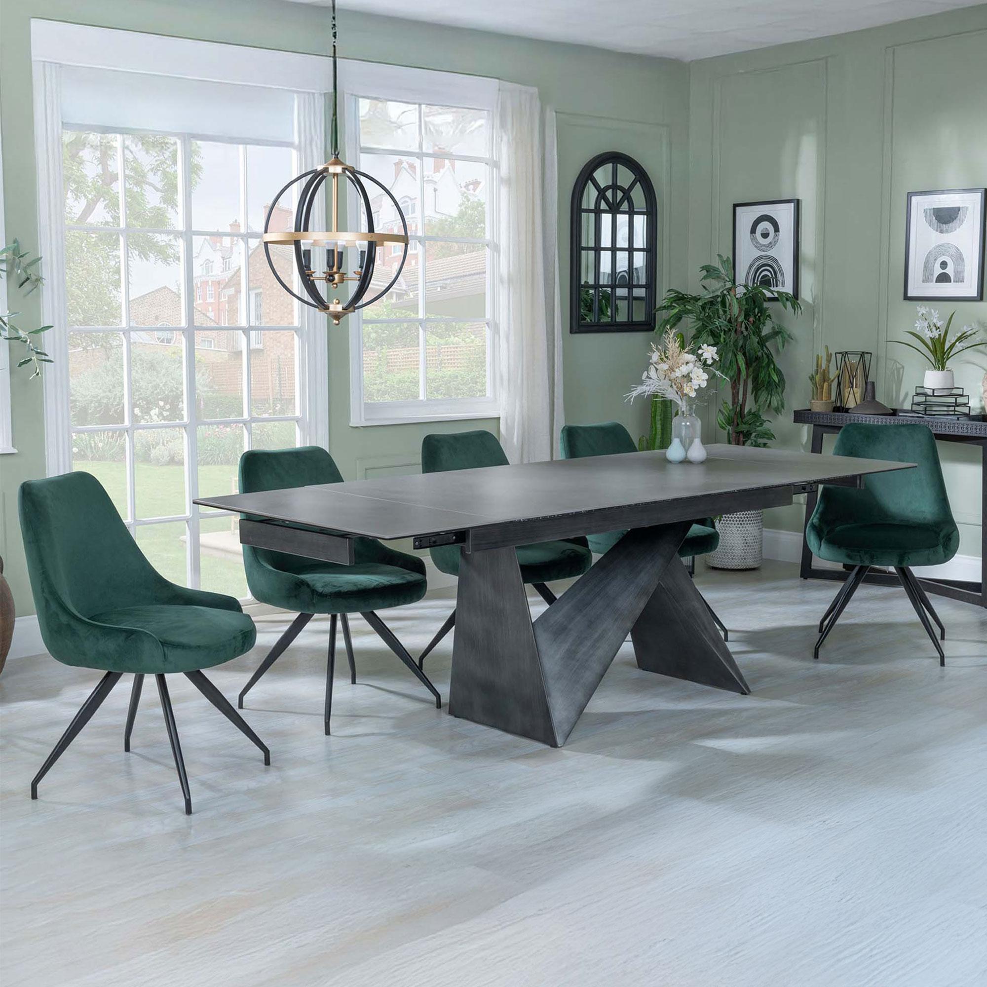Product photograph of Garvin Dark Grey Ceramic Extending Dining Set - Arctic Green Velvet Fabric Swivel Dining Chair from Choice Furniture Superstore.