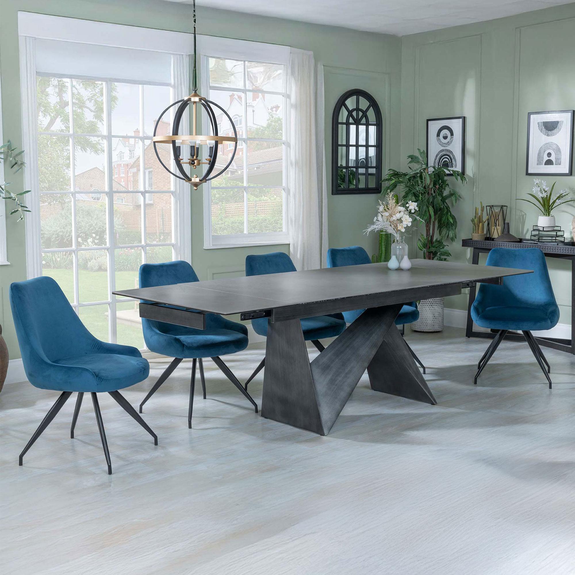 Product photograph of Garvin Dark Grey Ceramic Extending Dining Set - Arctic Blue Velvet Fabric Swivel Dining Chair from Choice Furniture Superstore.