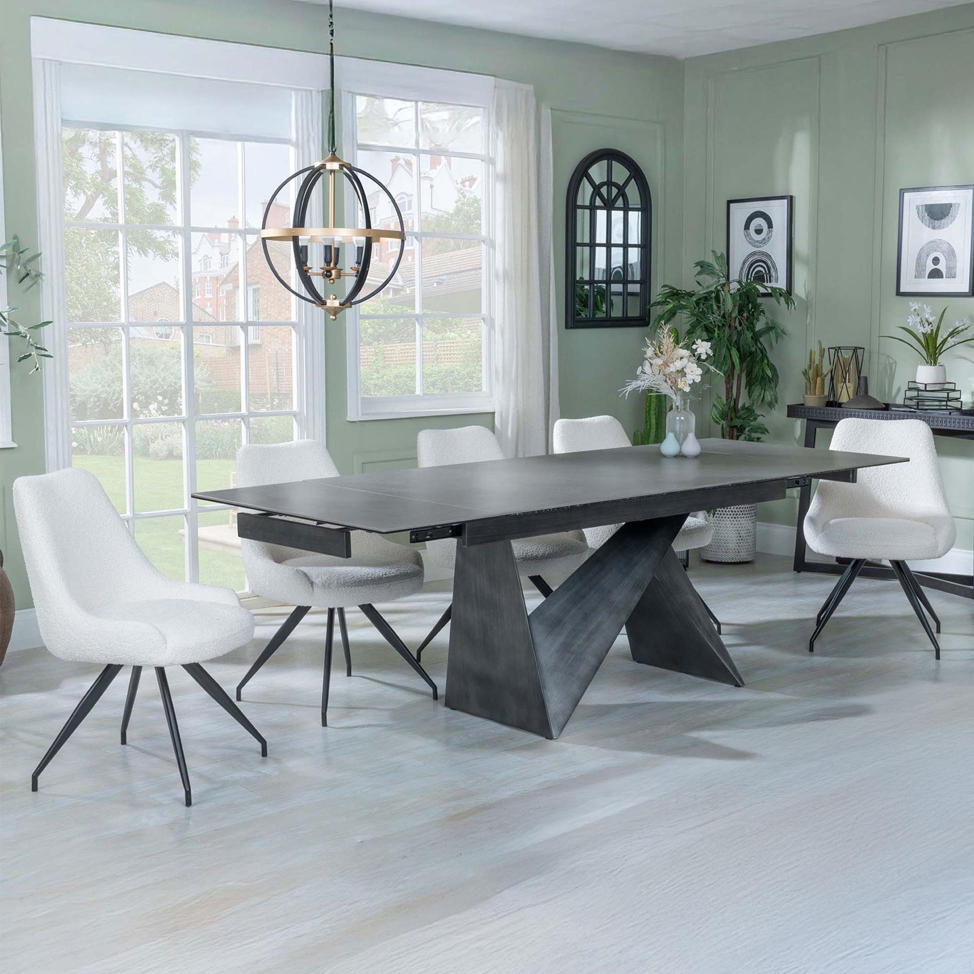 Product photograph of Garvin Dark Grey Ceramic Extending Dining Set - Arctic Cream Velvet Fabric Swivel Dining Chair from Choice Furniture Superstore.