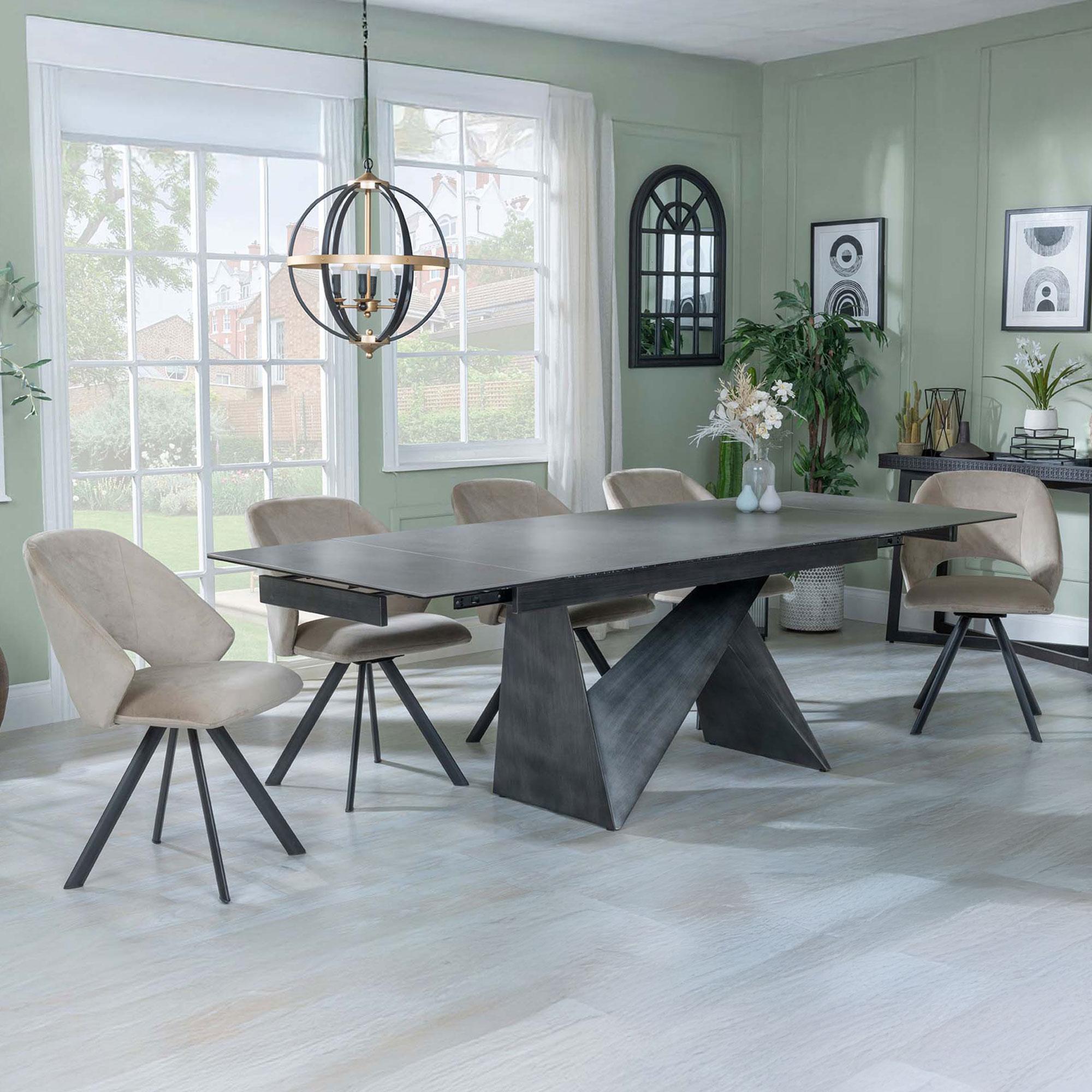 Product photograph of Garvin Dark Grey Ceramic Extending Dining Set - Ion Beige Velvet Fabric Swivel Dining Chair from Choice Furniture Superstore.