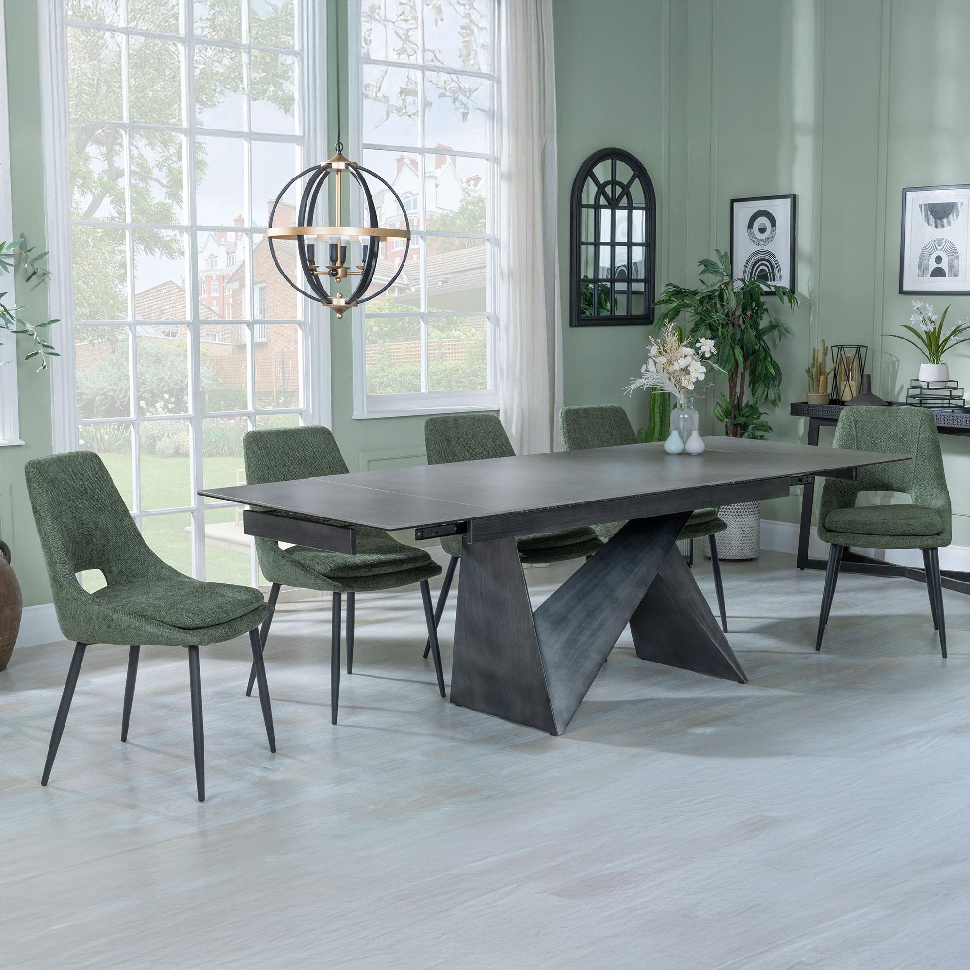 Product photograph of Garvin Dark Grey Ceramic Extending Dining Set - Peyton Green Fabric Dining Chair from Choice Furniture Superstore.