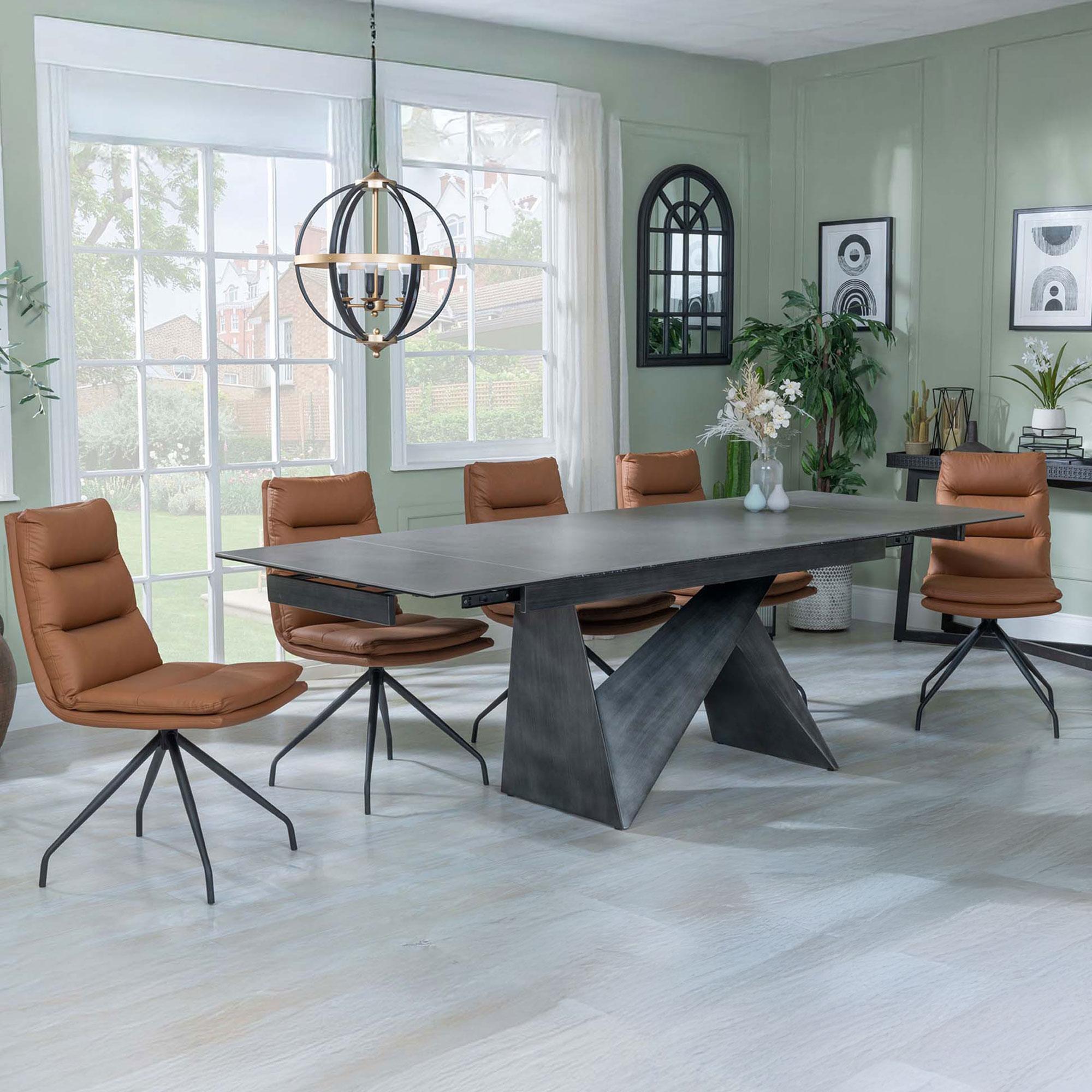 Product photograph of Garvin Dark Grey Ceramic Extending Dining Set - Diego Brown Leather Swivel Dining Chair from Choice Furniture Superstore.
