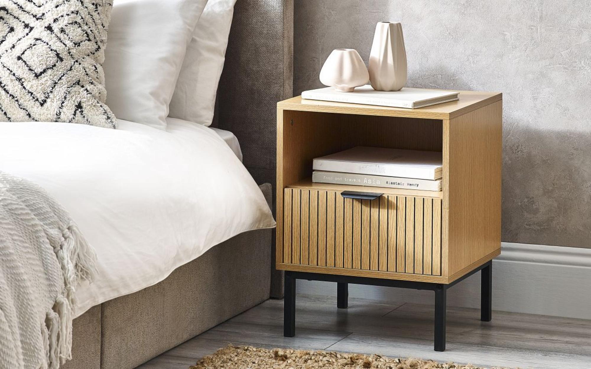 Product photograph of Sia Oak Ribbed 1 Drawer Bedside Table from Choice Furniture Superstore.