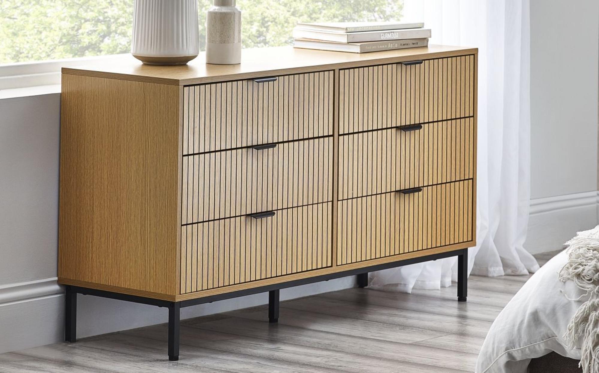 Product photograph of Sia Oak Ribbed 6 Drawer Wide Chest from Choice Furniture Superstore.