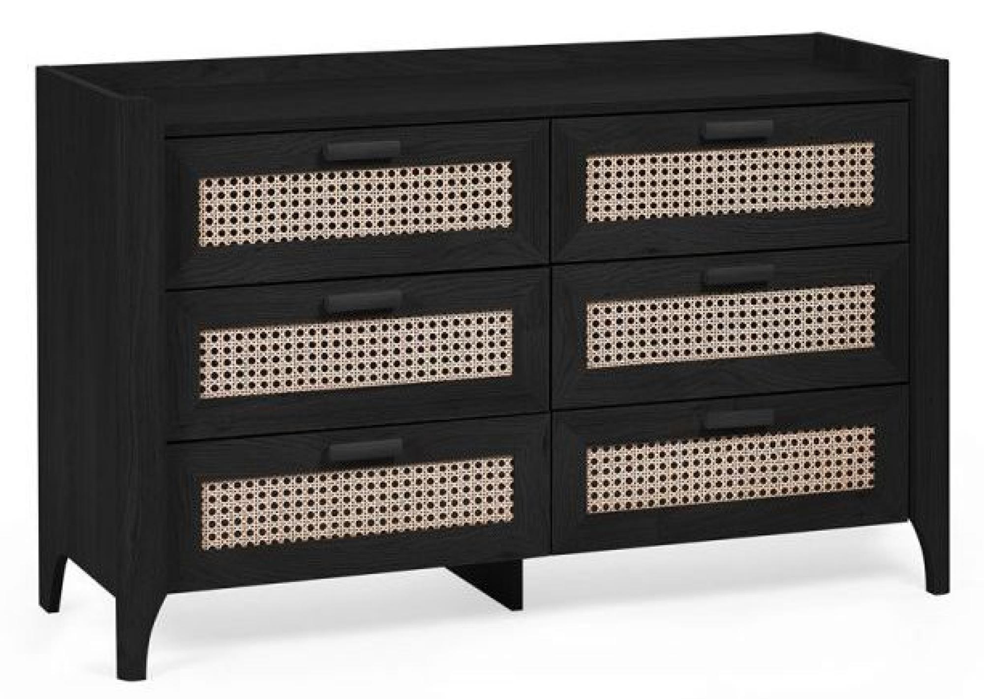 Product photograph of Sydney Black And Faux Rattan 6 Drawer Wide Chest from Choice Furniture Superstore.