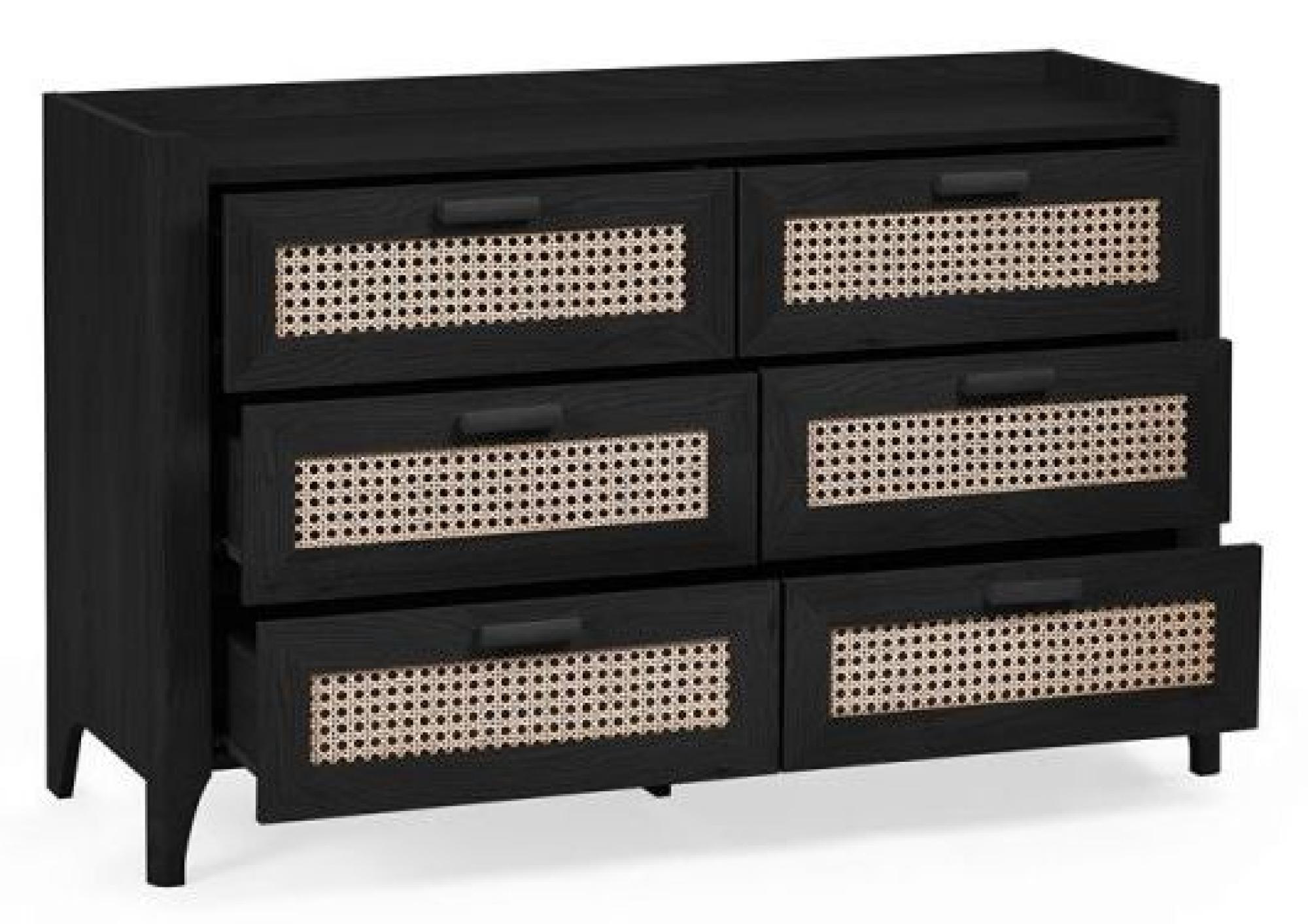 Product photograph of Sydney Black And Faux Rattan 6 Drawer Wide Chest from Choice Furniture Superstore.