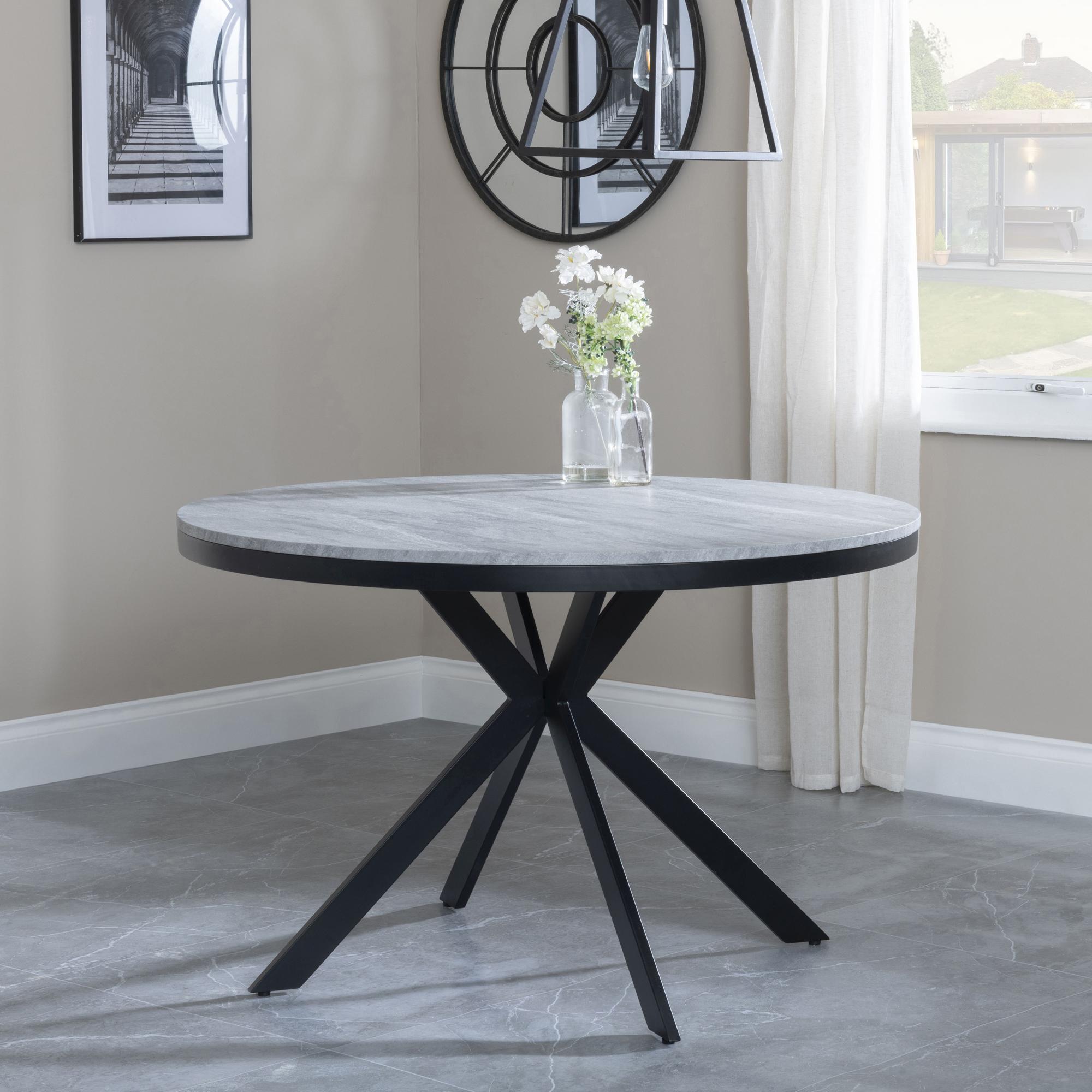 Product photograph of Ezra Grey Concrete Effect 4 Seater Round Dining Set With Spider Legs - 4 Ion Mustard Velvet Fabric Swivel Dining Chair from Choice Furniture Superstore.