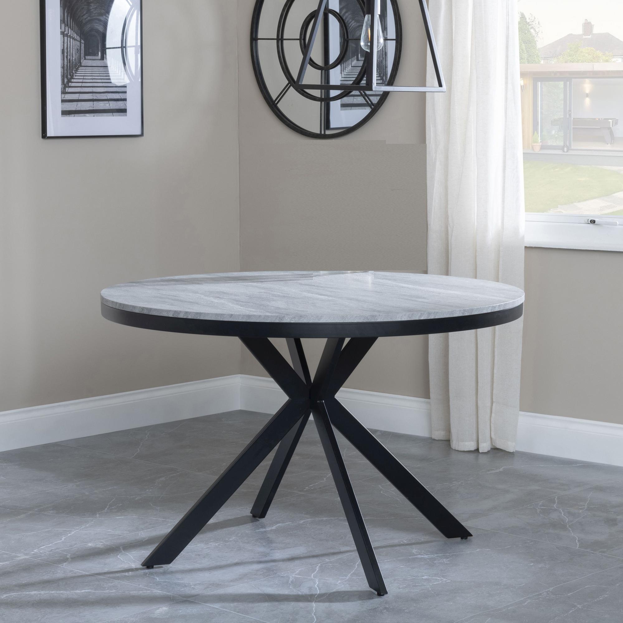 Product photograph of Ezra Grey Concrete Effect 4 Seater Round Dining Set With Spider Legs - 4 Ion Mustard Velvet Fabric Swivel Dining Chair from Choice Furniture Superstore.