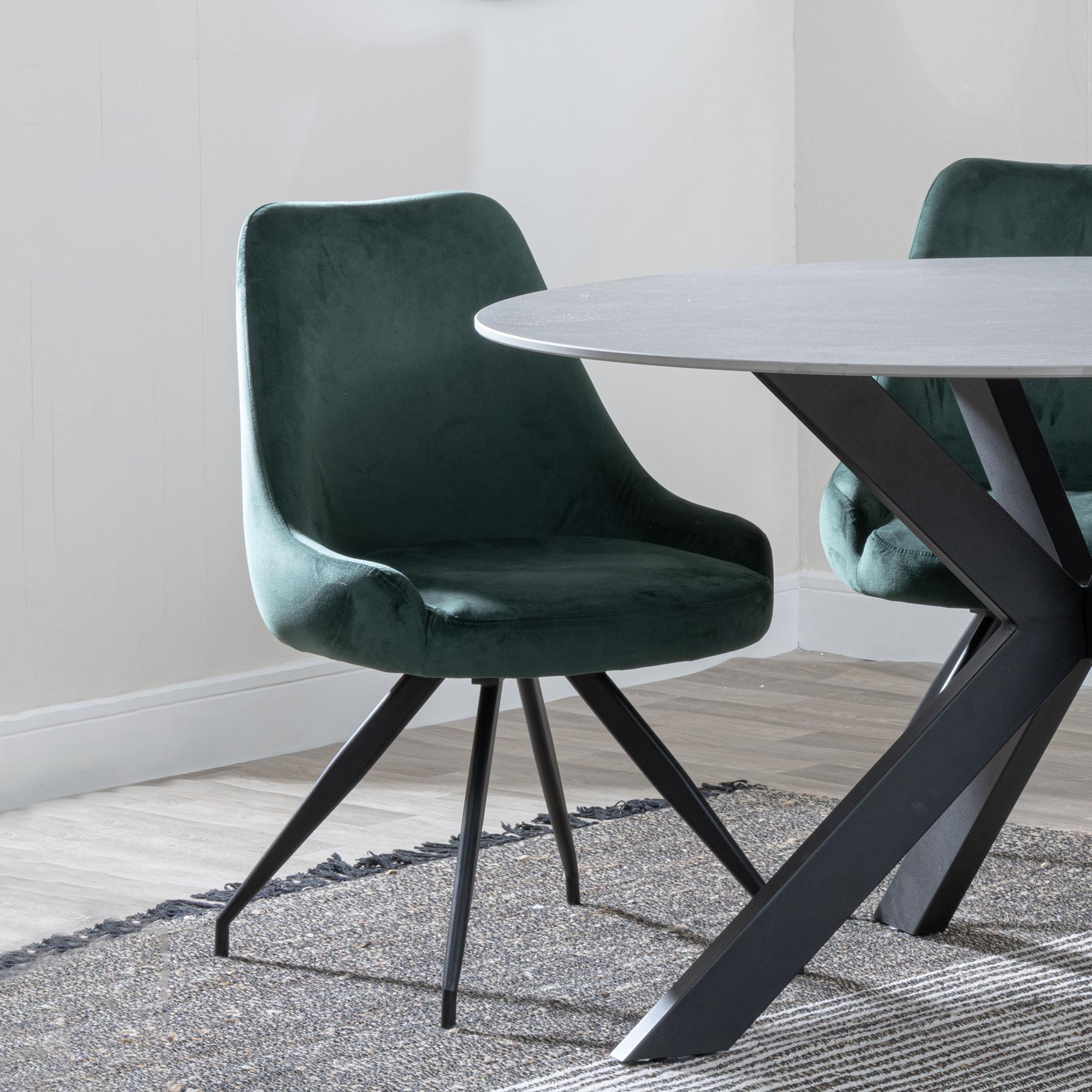 Product photograph of Ezra Grey Concrete Effect Dining Set With Cross Legs - Arctic Green Velvet Fabric Swivel Dining Chair from Choice Furniture Superstore.