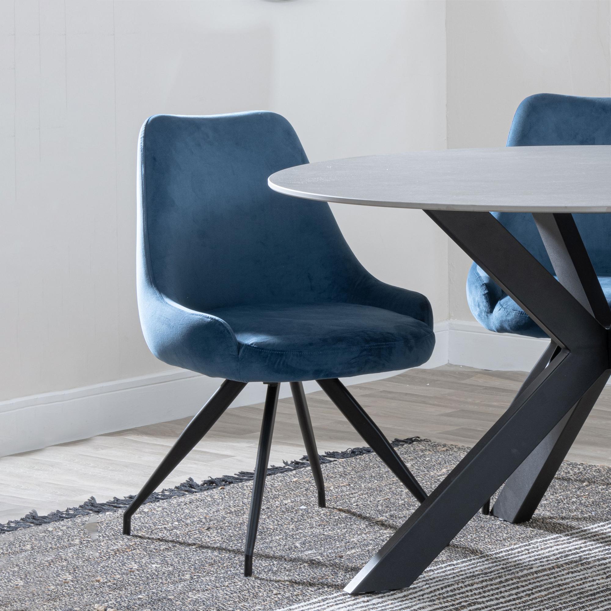 Product photograph of Ezra Grey Concrete Effect Dining Set With Cross Legs - Arctic Blue Velvet Fabric Swivel Dining Chair from Choice Furniture Superstore.