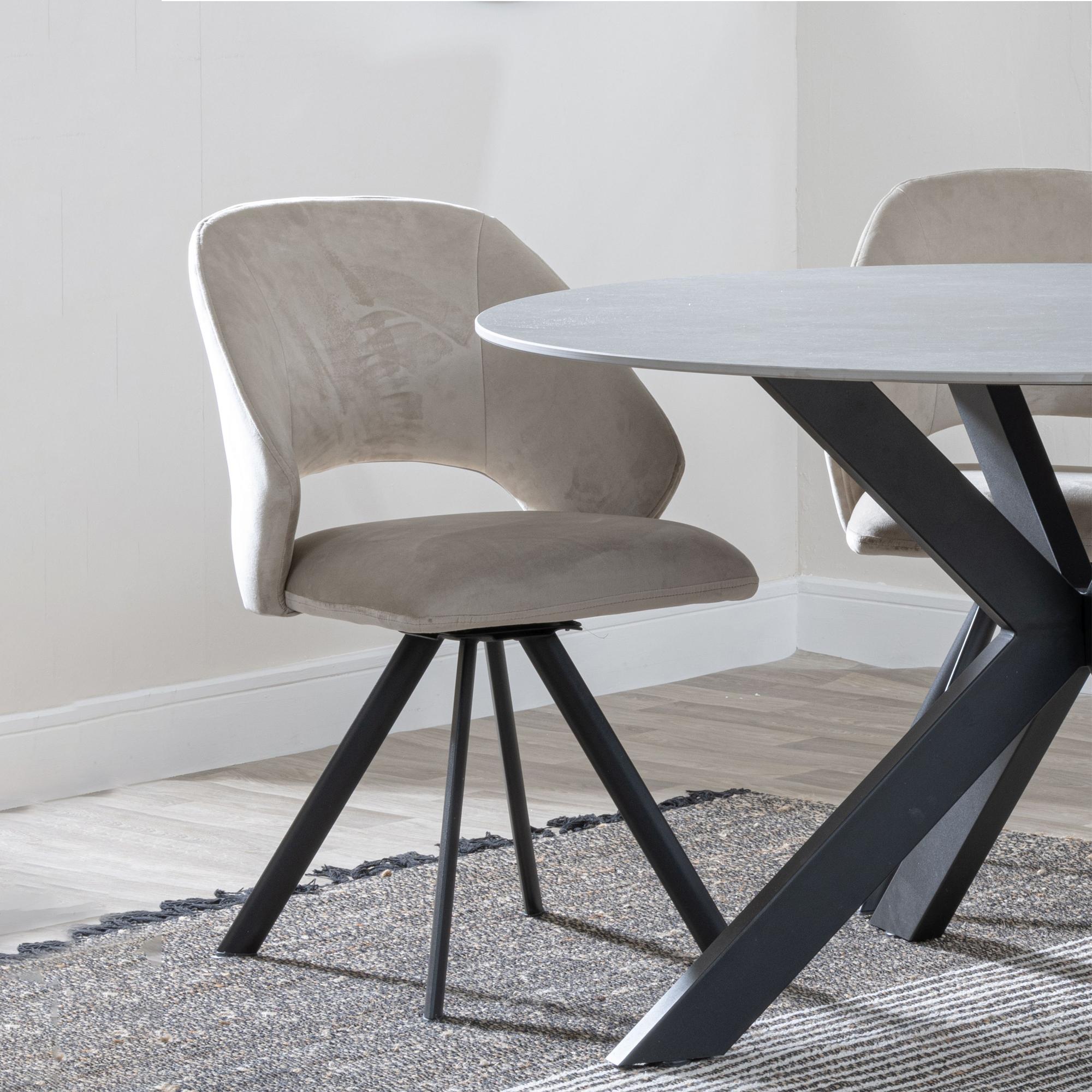 Product photograph of Ezra Grey Concrete Effect Dining Set With Cross Legs - Ion Beige Velvet Fabric Swivel Dining Chair from Choice Furniture Superstore.