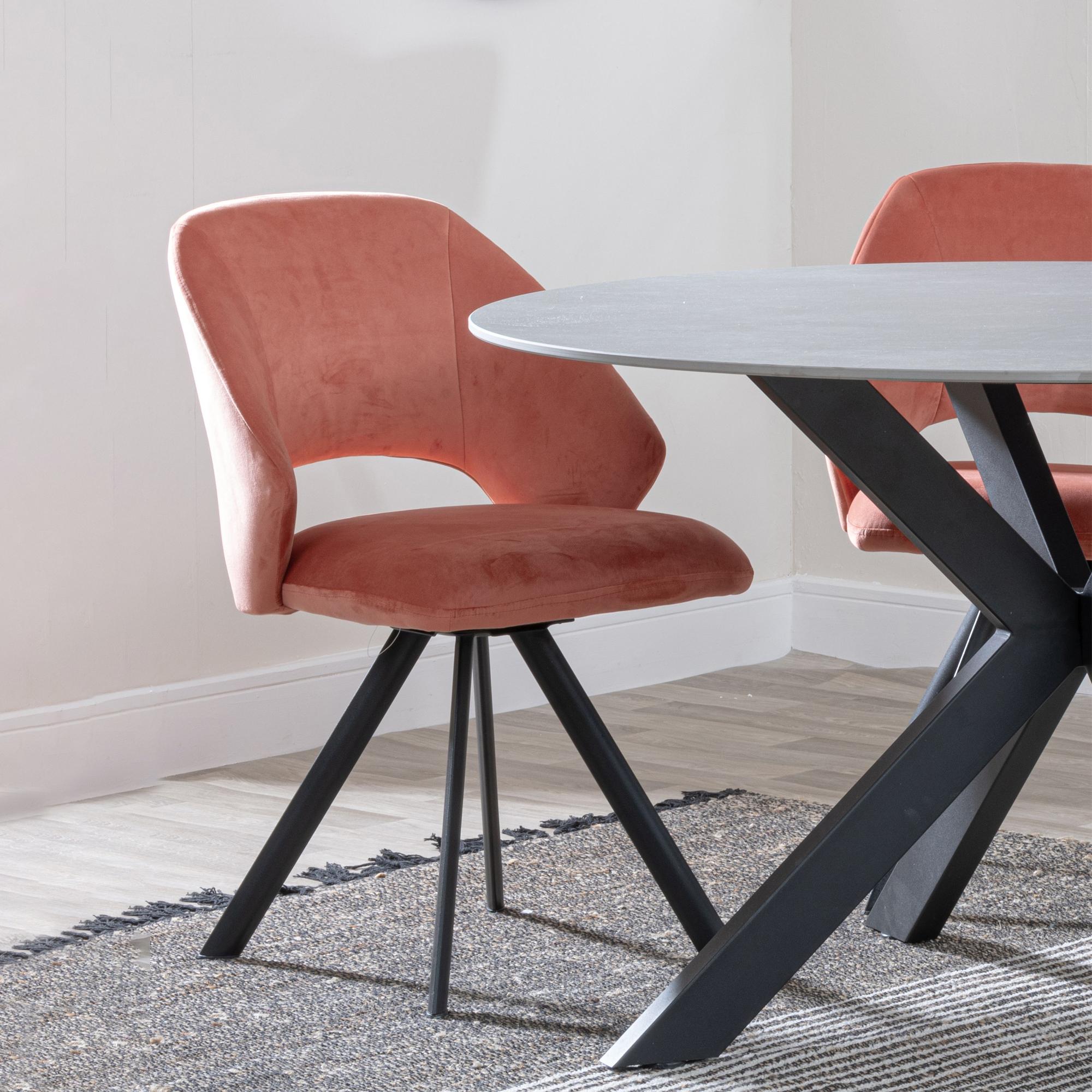 Product photograph of Ezra Grey Concrete Effect Dining Set With Cross Legs - Ion Orange Velvet Fabric Swivel Dining Chair from Choice Furniture Superstore.