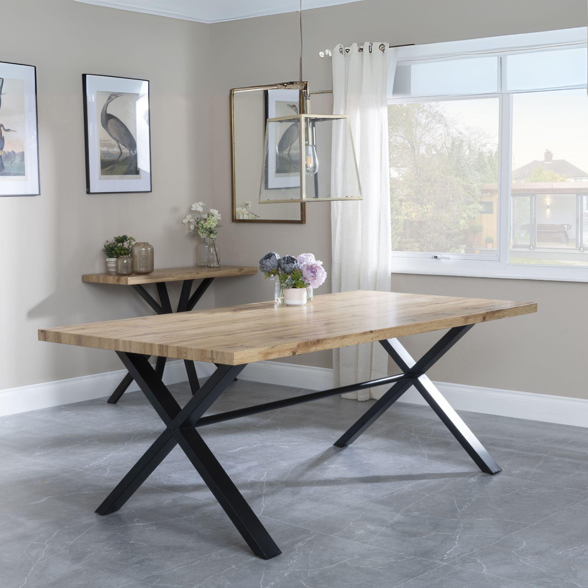 Product photograph of Ezra Industrial Oak Effect Dining Set With Cross Legs - Darwin Cream Fabric Dining Chair from Choice Furniture Superstore.