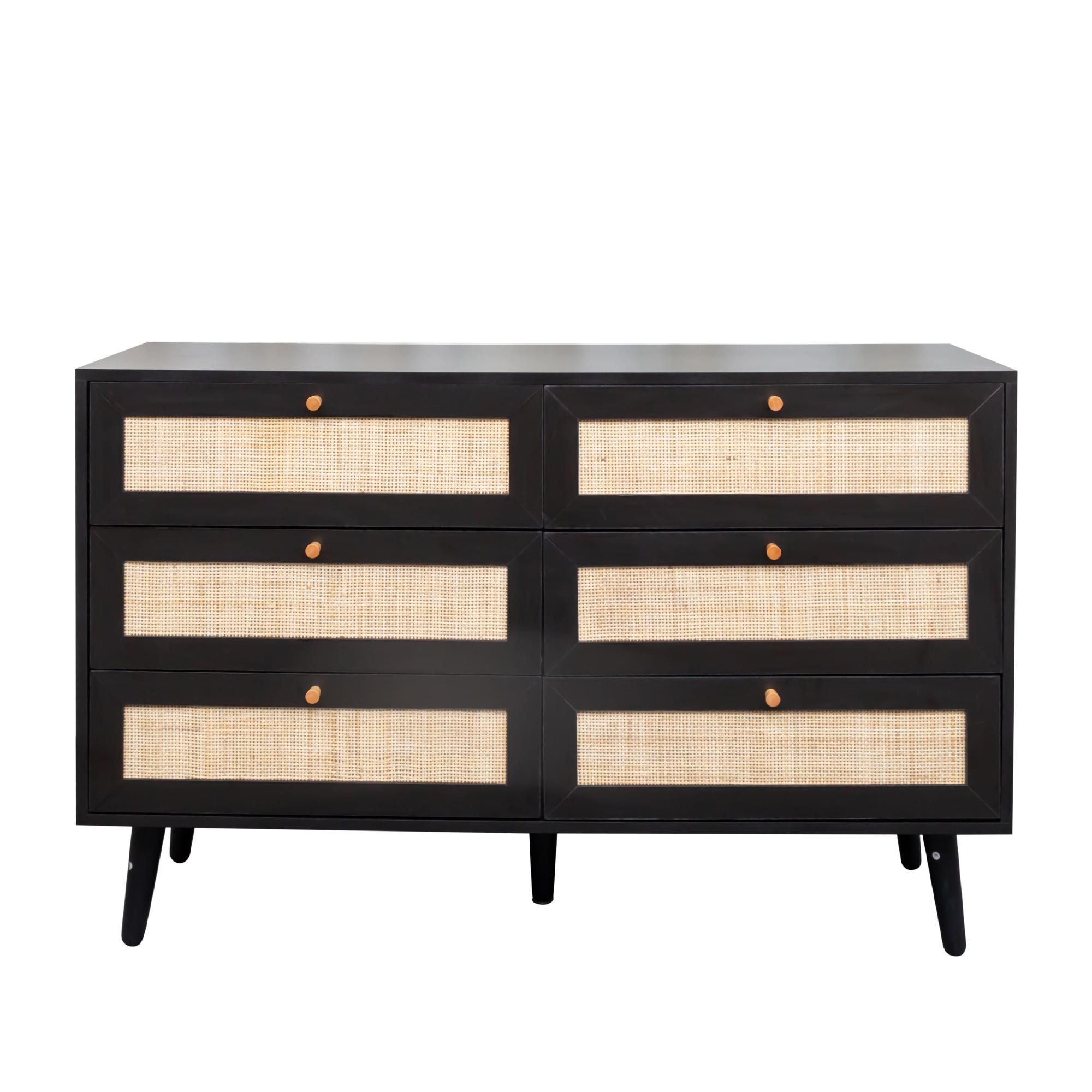 Product photograph of Ferrero Black And Woven Rattan 6 Drawer Wide Chest from Choice Furniture Superstore.